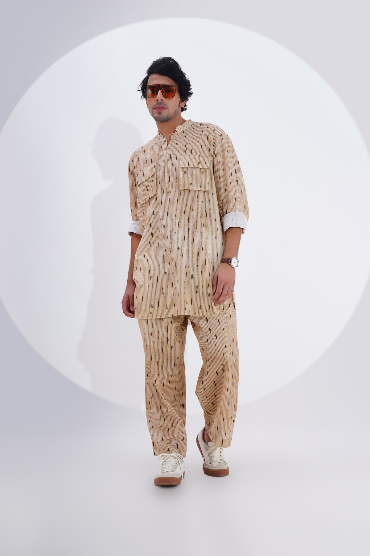 Beige Linen Printed Kurta Set