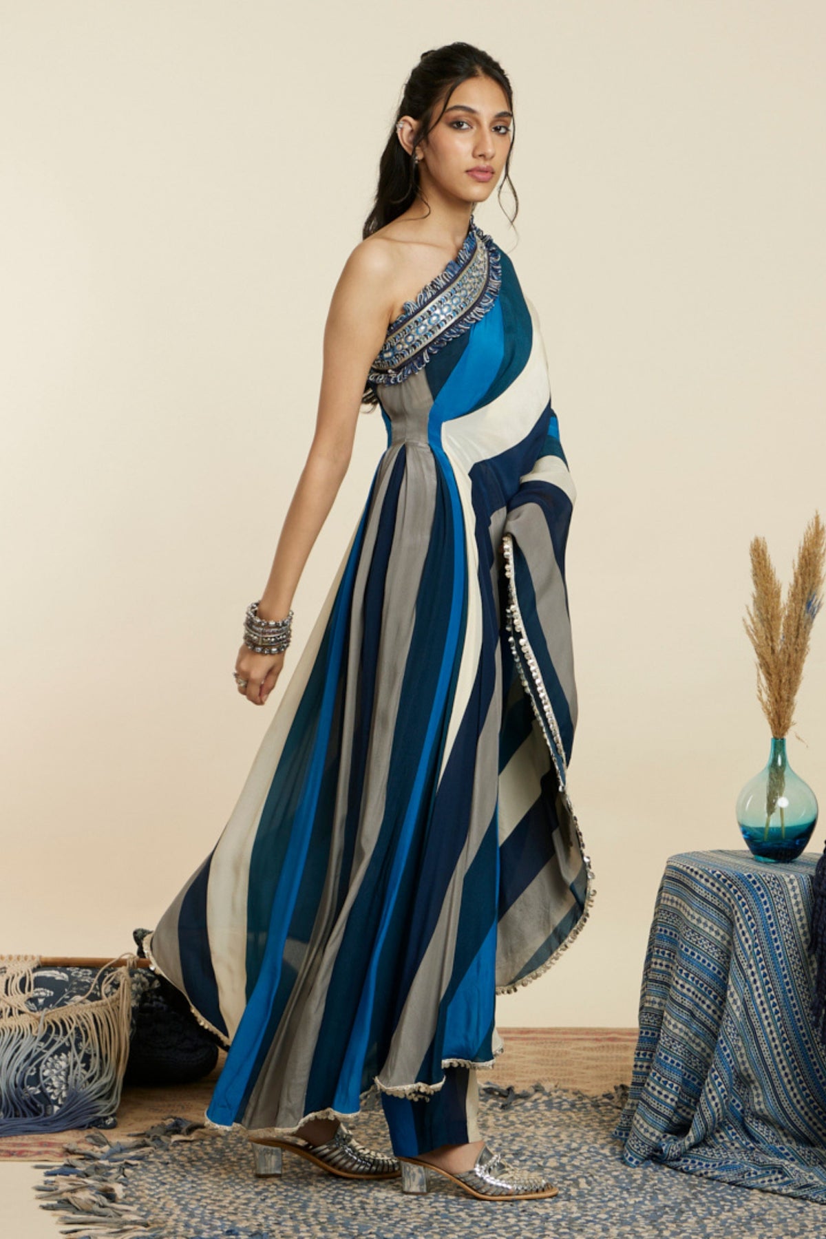 Blue Stripe One Shoulder Kaftan Set