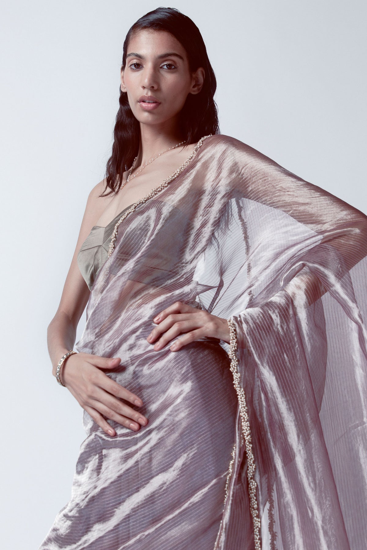 Handwoven Smoky Mauve Tissue Saree