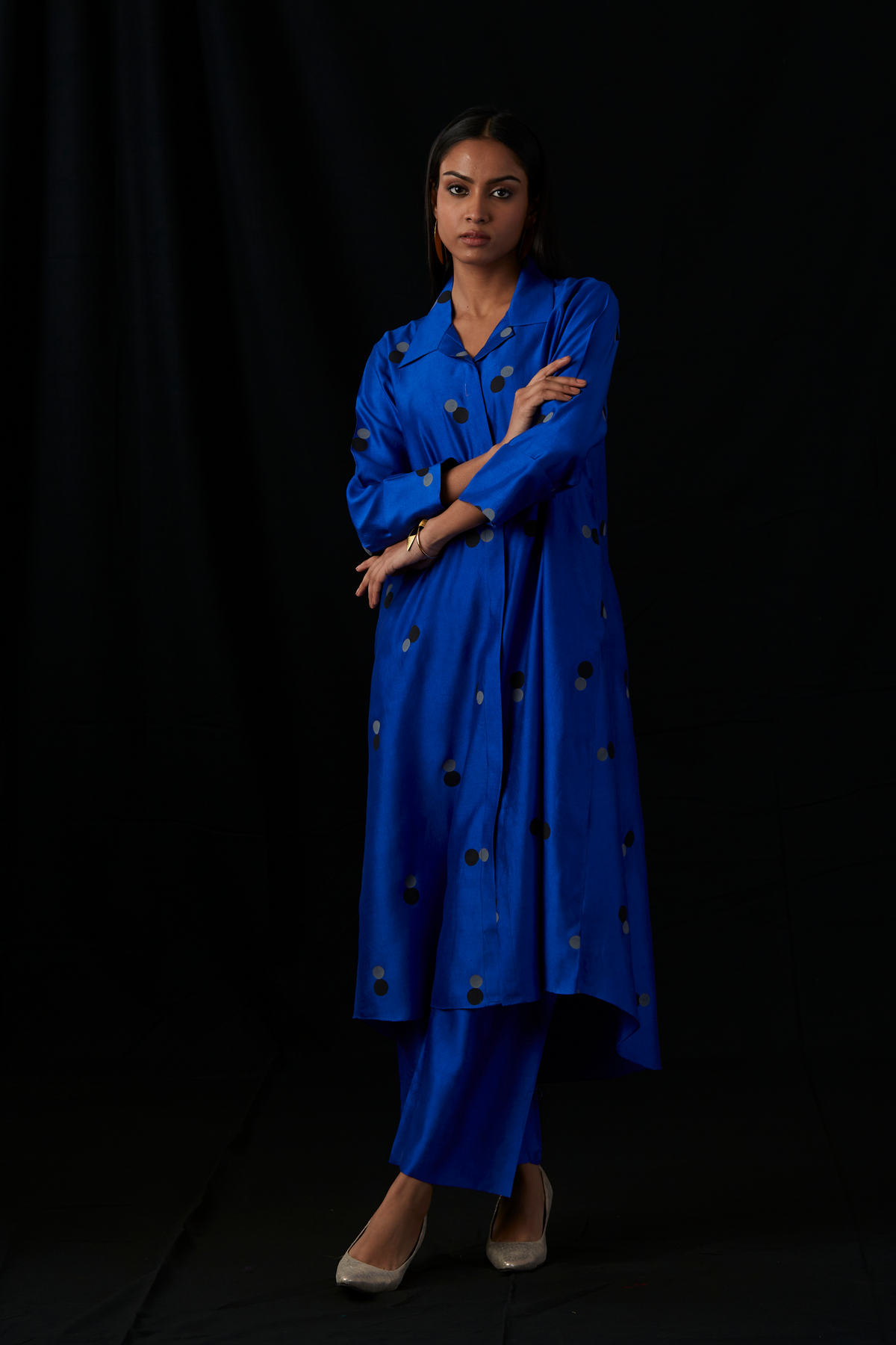 Cobalt Blue Block Printed Silk Shirt Set