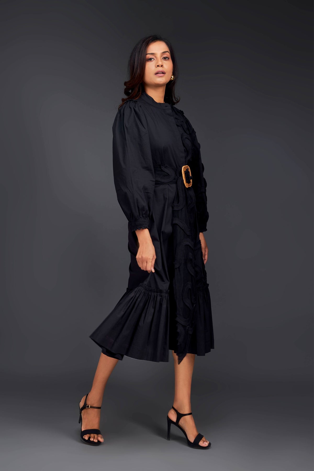 Black Pleated Dress With Frills