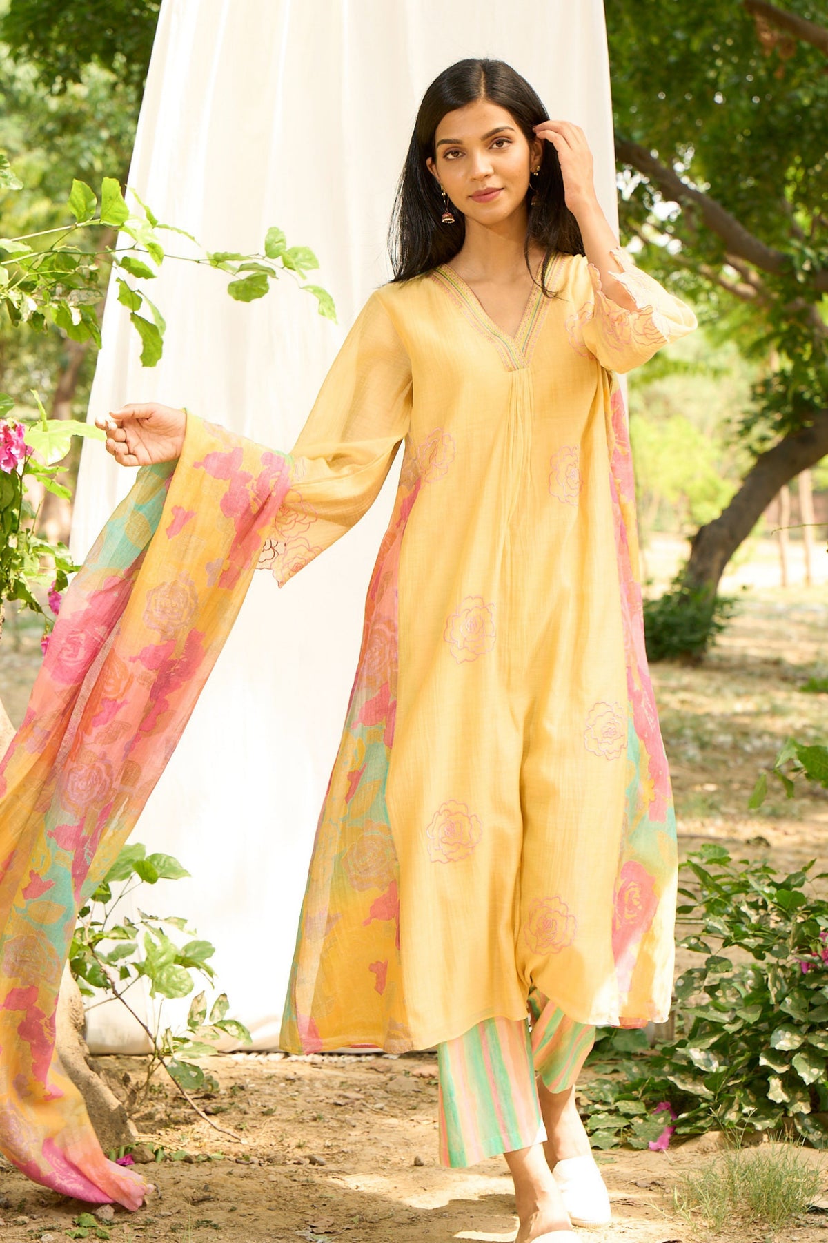 Peach Rose Print Kurta Set