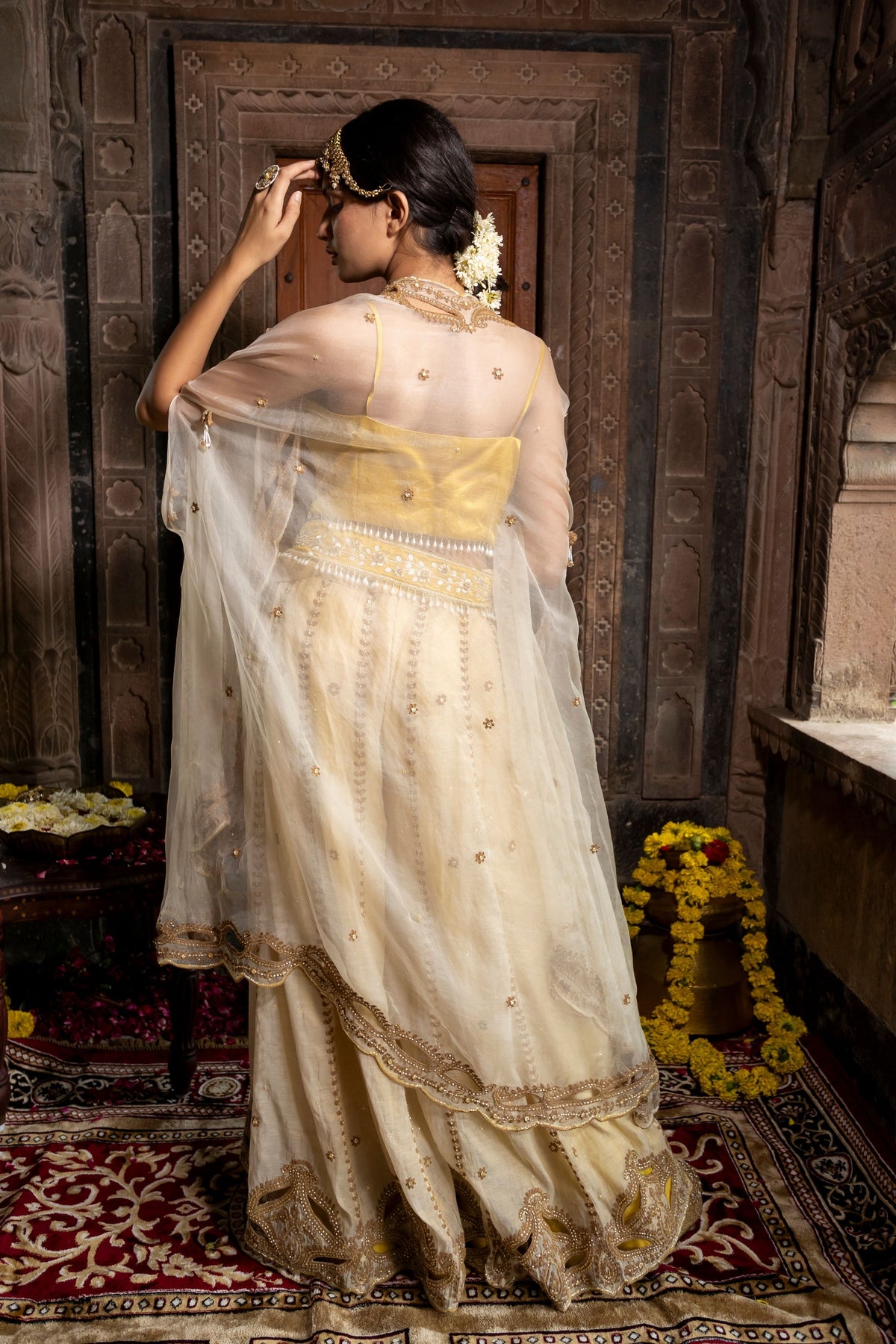 Yellow Beige Cape Sharara Set