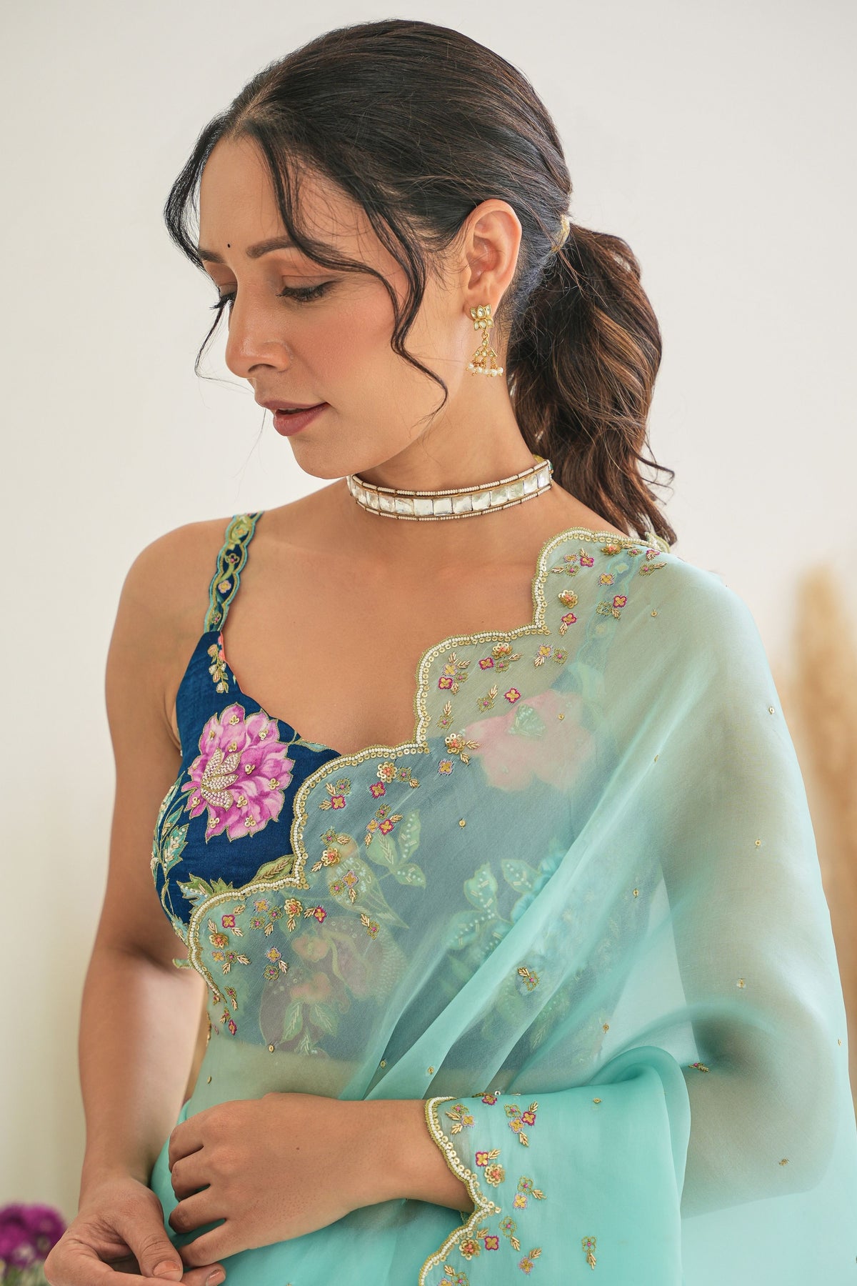 Nargis Saree Pebble Blue Fiza Blouse in Aqua Blue