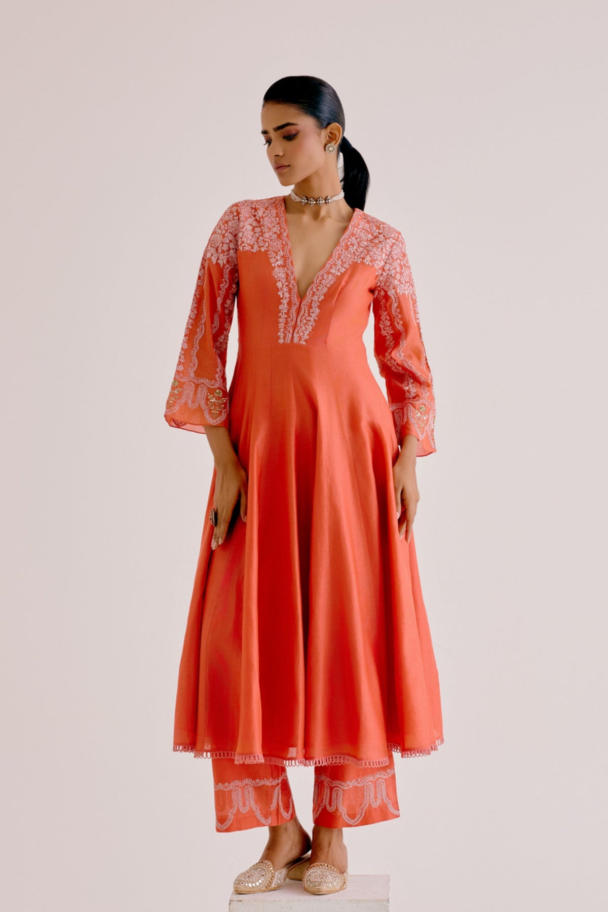 Orange Embroidered Anarkali Set