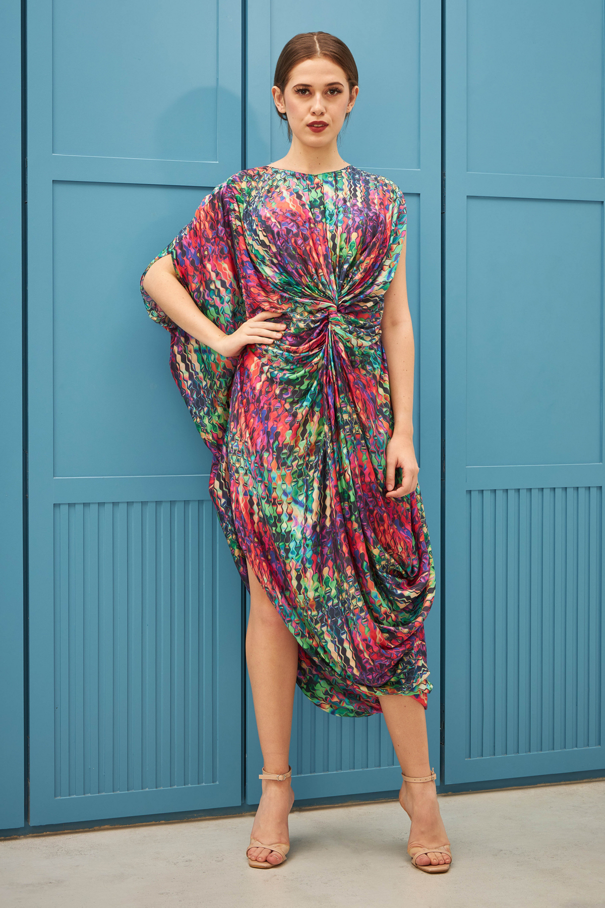 Multi-printed Twisted Drape Dress