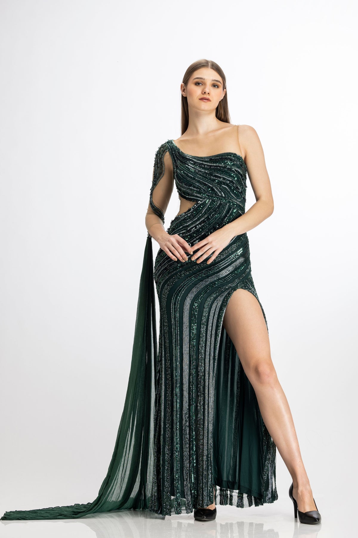 Hand Embroidered Gown in Green