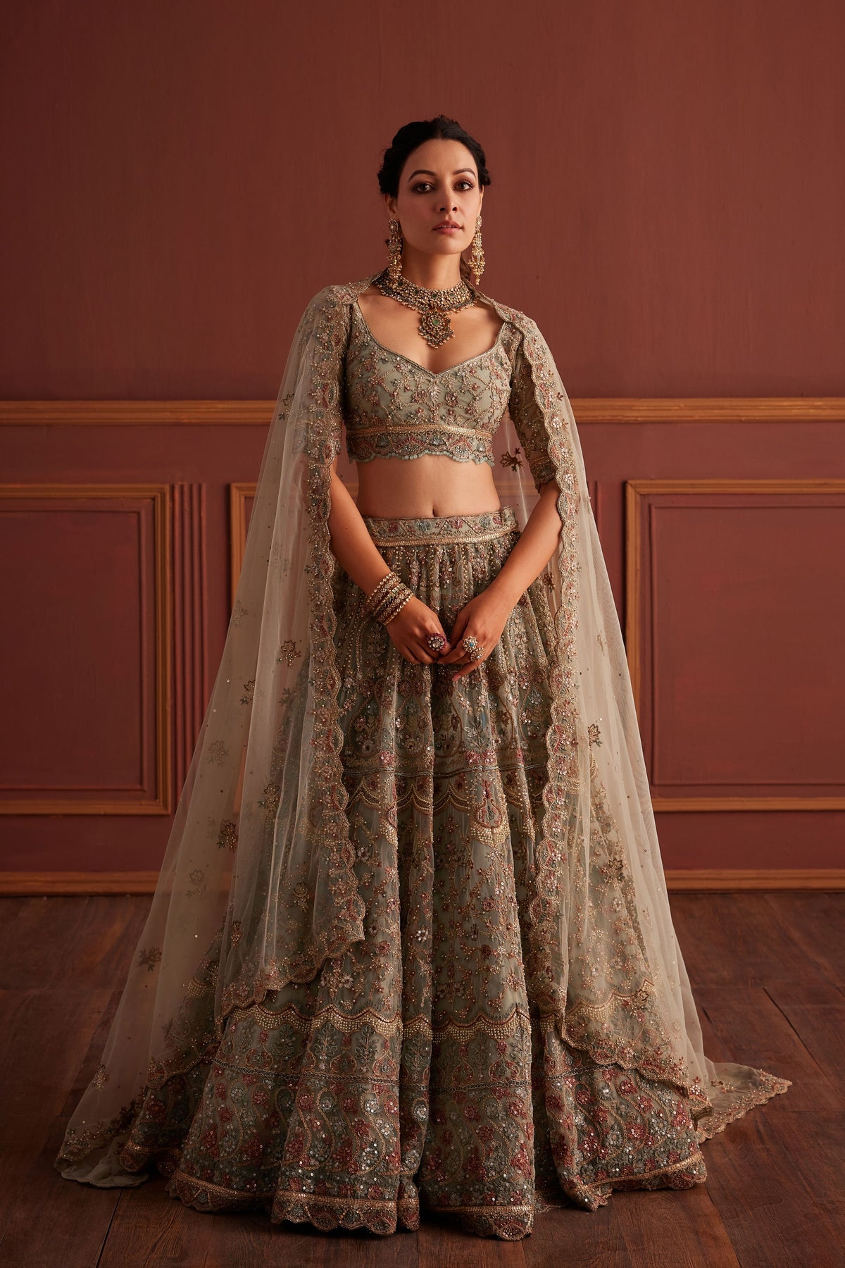 Sage Green Resham Embellished Lehenga