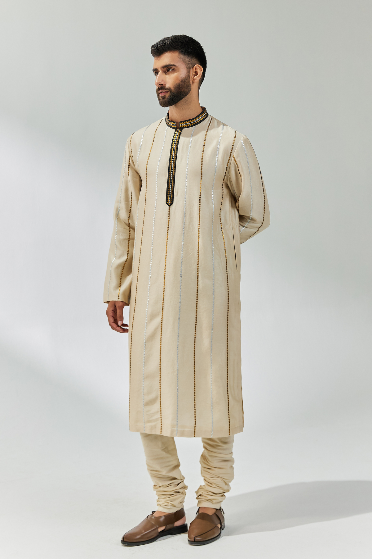 Beige and Black Embroidered Kurta Sets