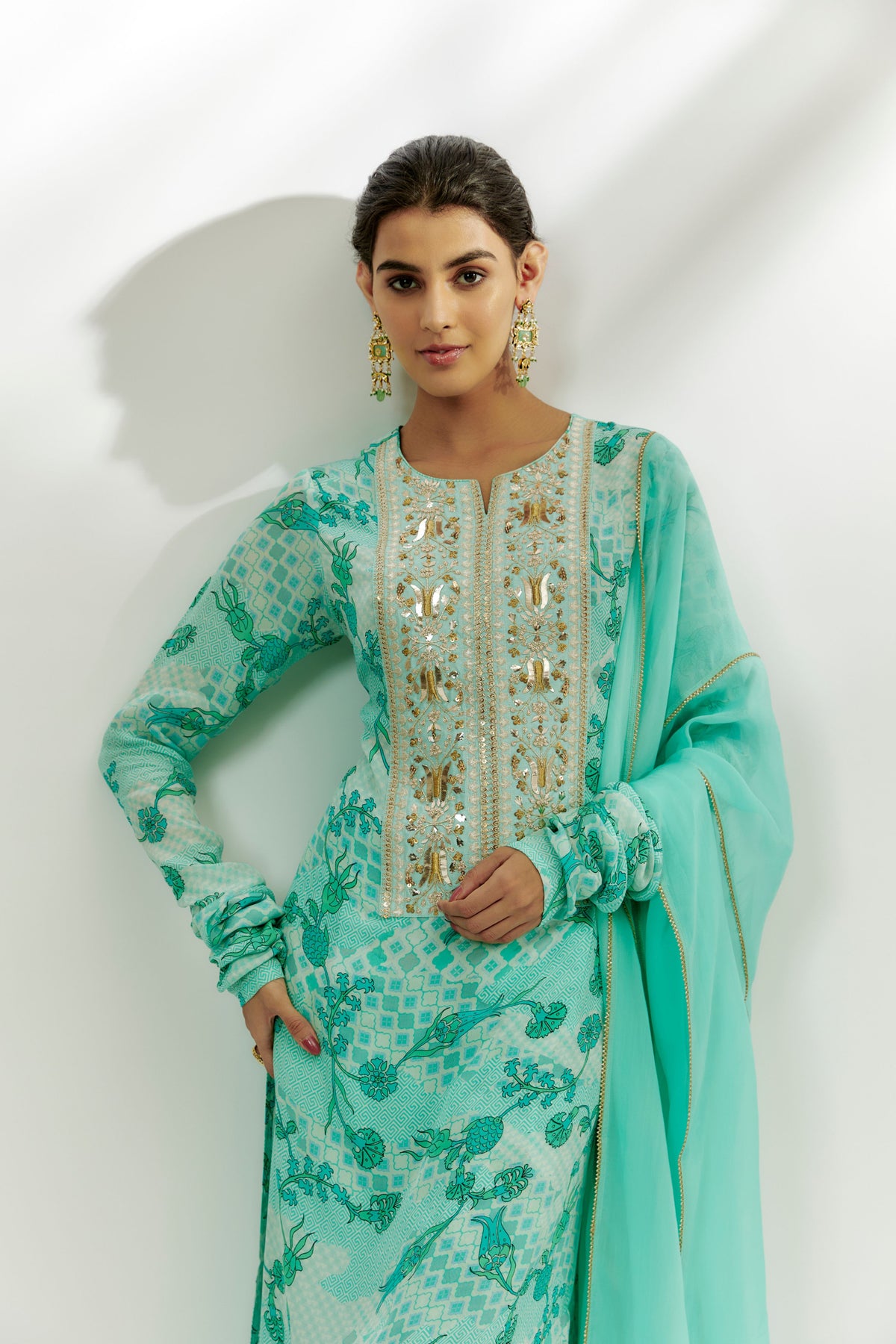 Cyan Blue Printed Kurta Pallazzo Set