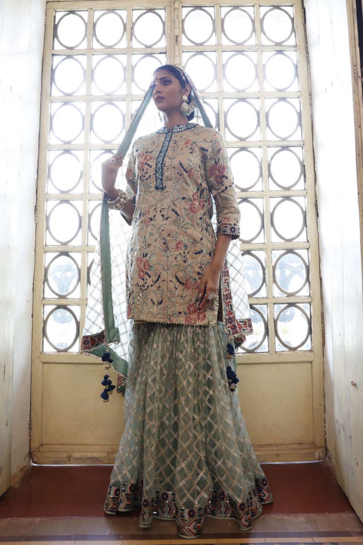 Beige Kurta with criss cross Sharara and Dupatta