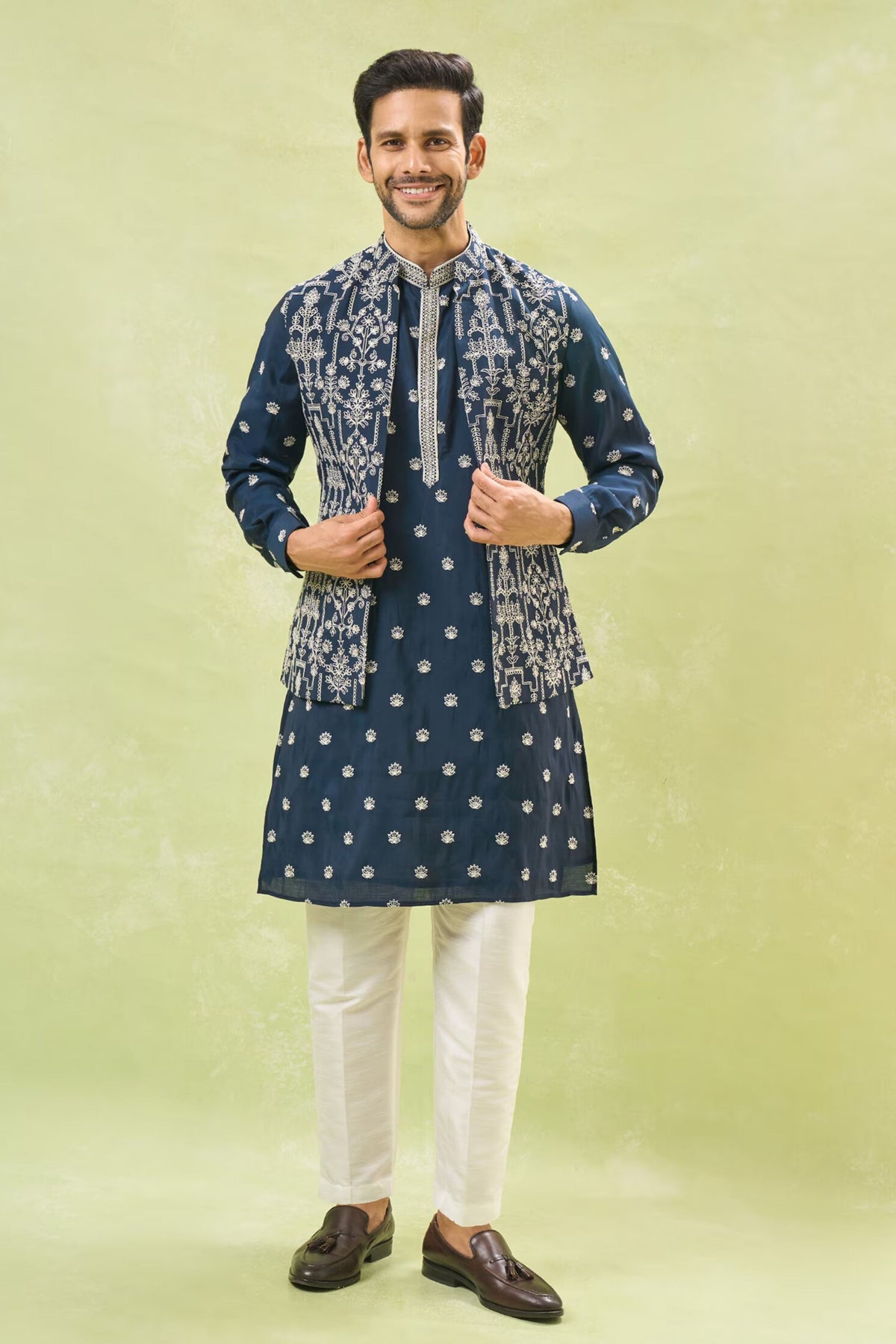 Blue Embroidered Nehru Jacket Set