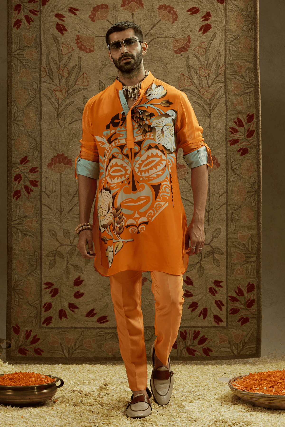 Orange Rolled up Sleeves Kurta