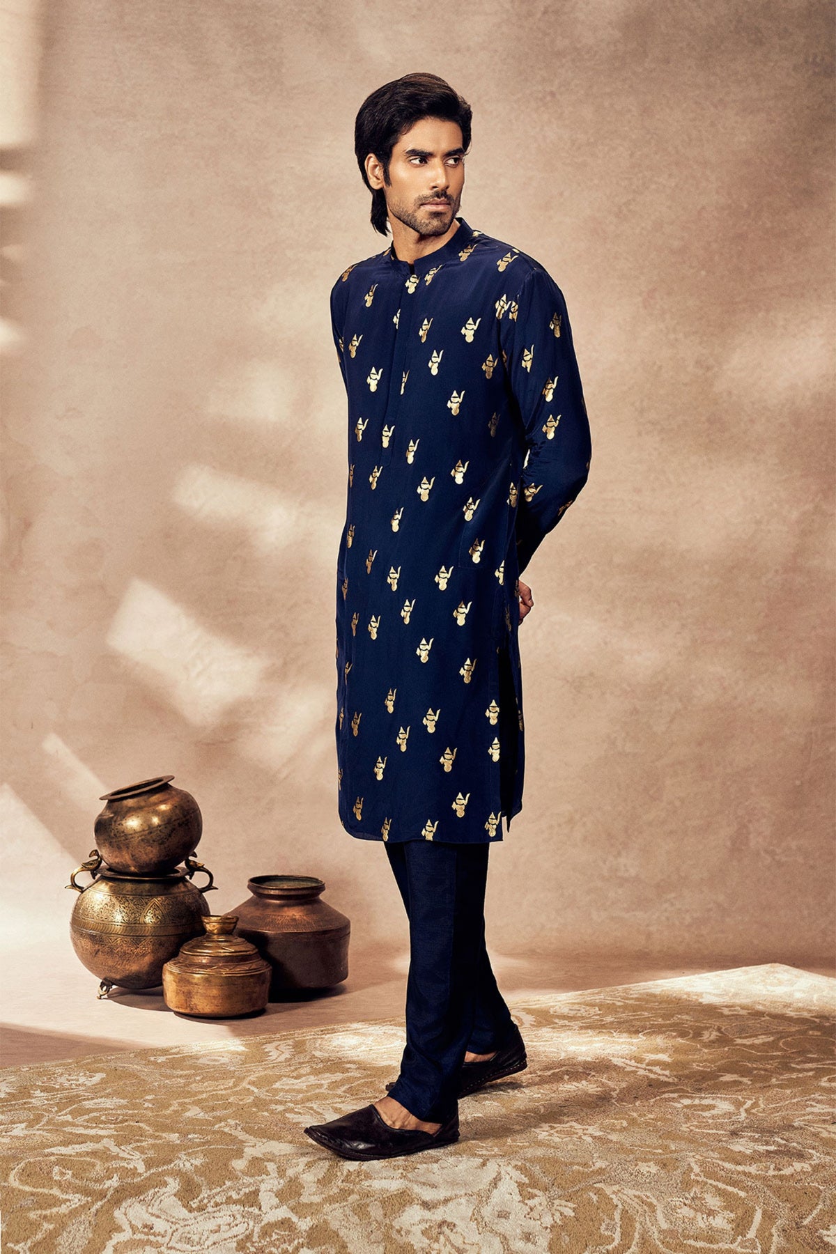 Blue Ganesha Foil Kurta Set