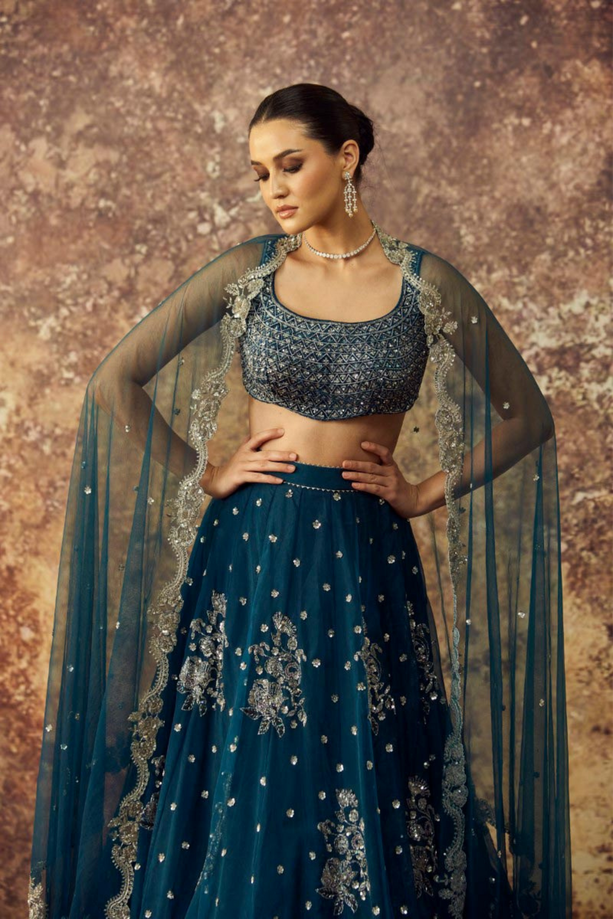 Navy Blue Organza Big Butas Lehenga Set