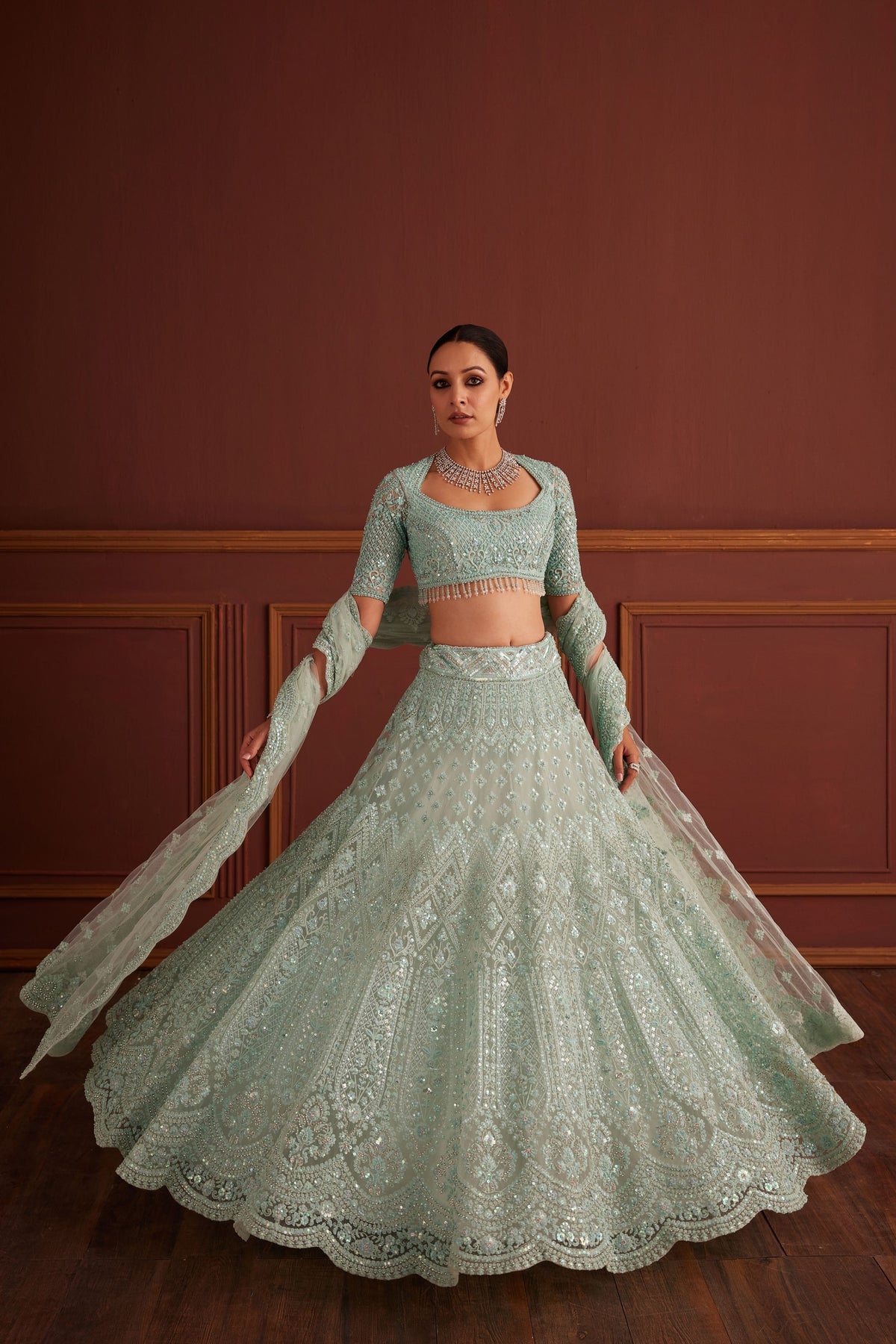 Blue Cutdana &amp; Bead Embellished Lehenga