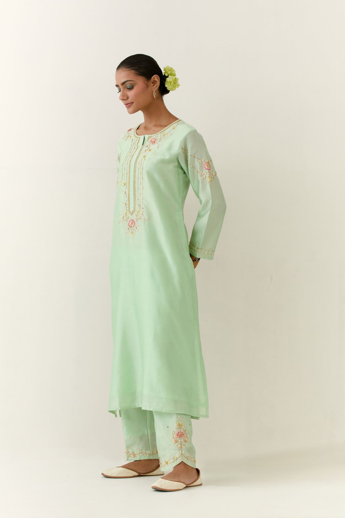 Green Hand embroidered Kurta Set