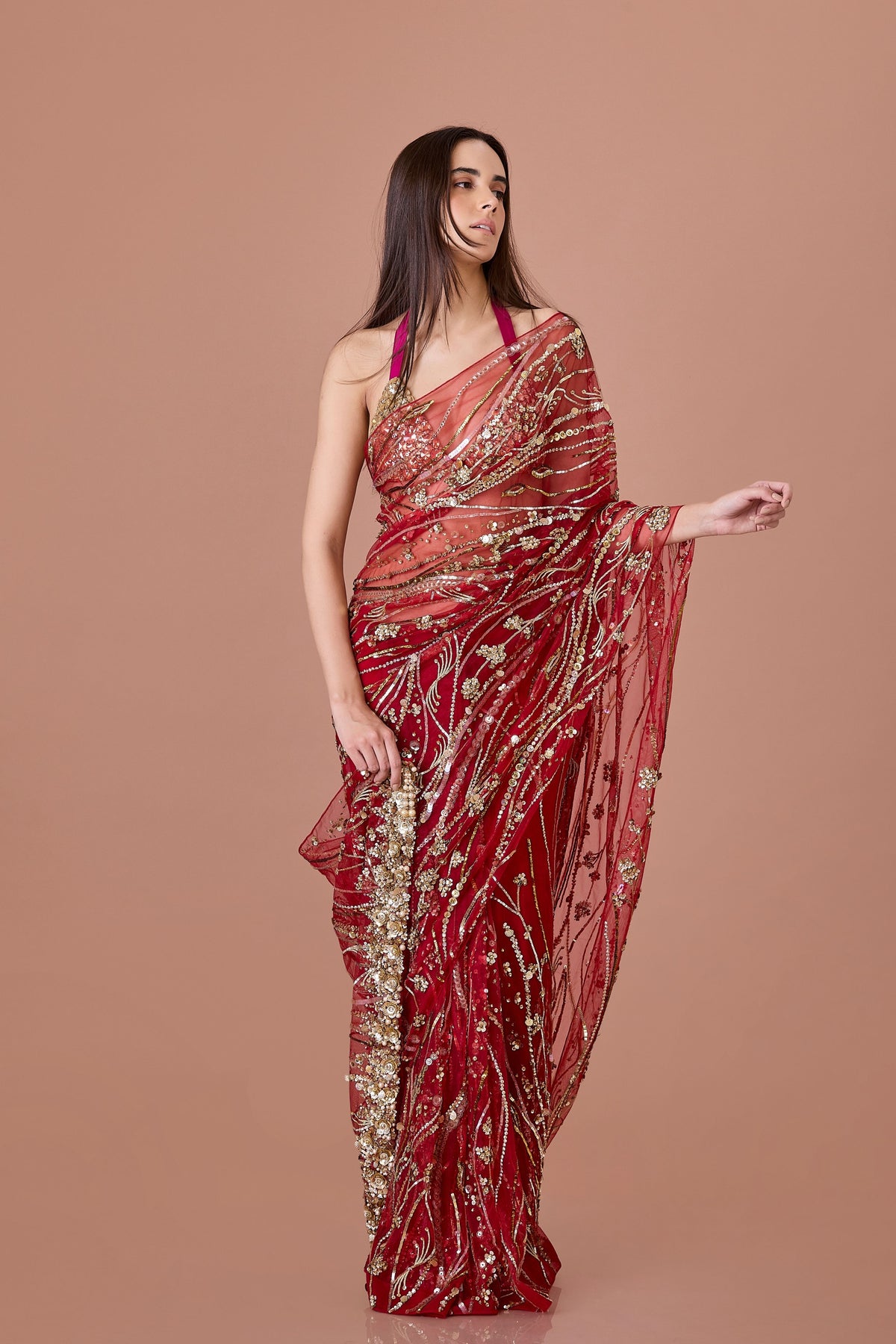 Red Sequins Net Saree