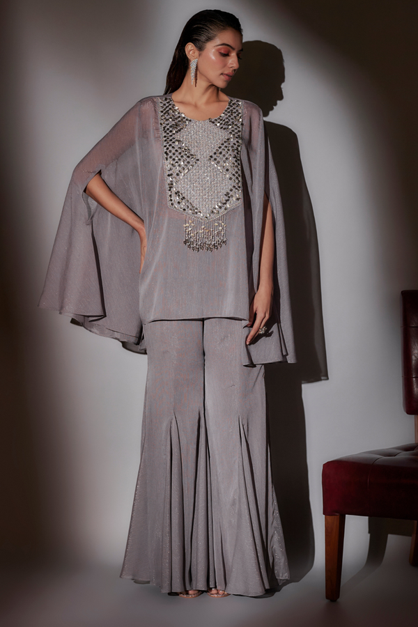 Grey Embroidery Cape Set