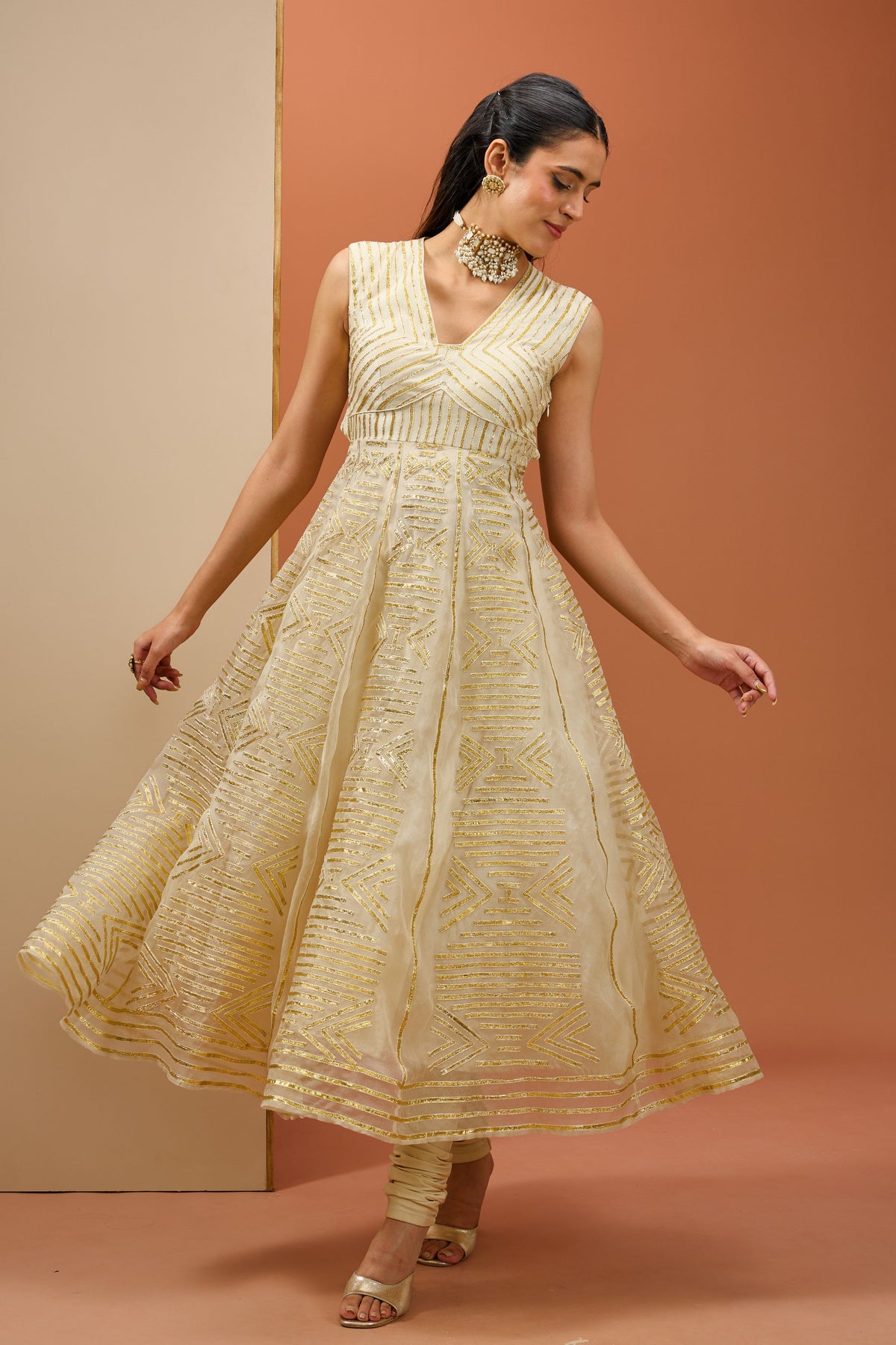 Off White Golden Lasses Anarkali set