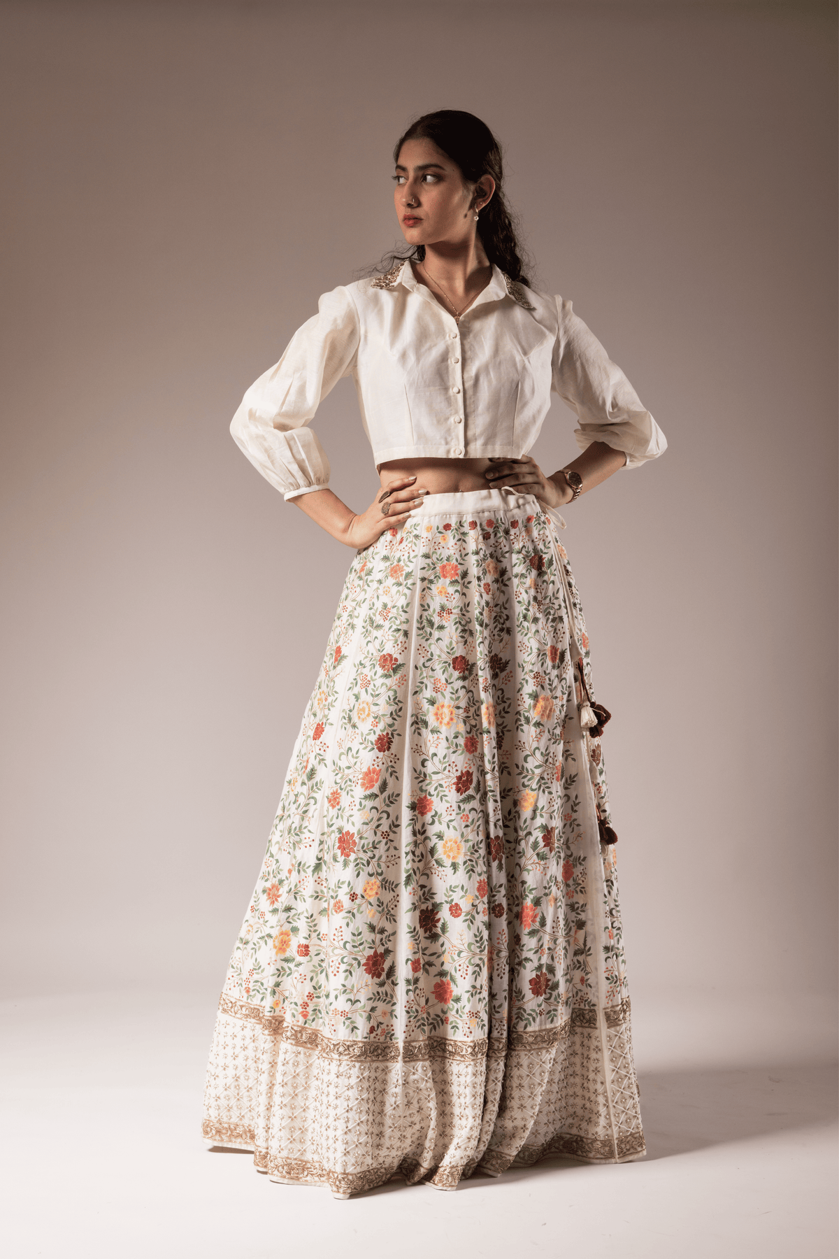 Ivory Chanderi Shirt And Skirt