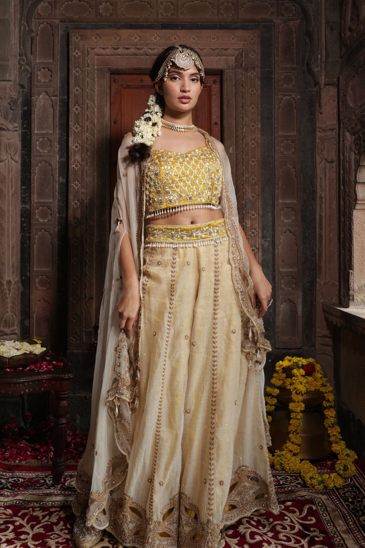 Yellow Beige Cape Sharara Set