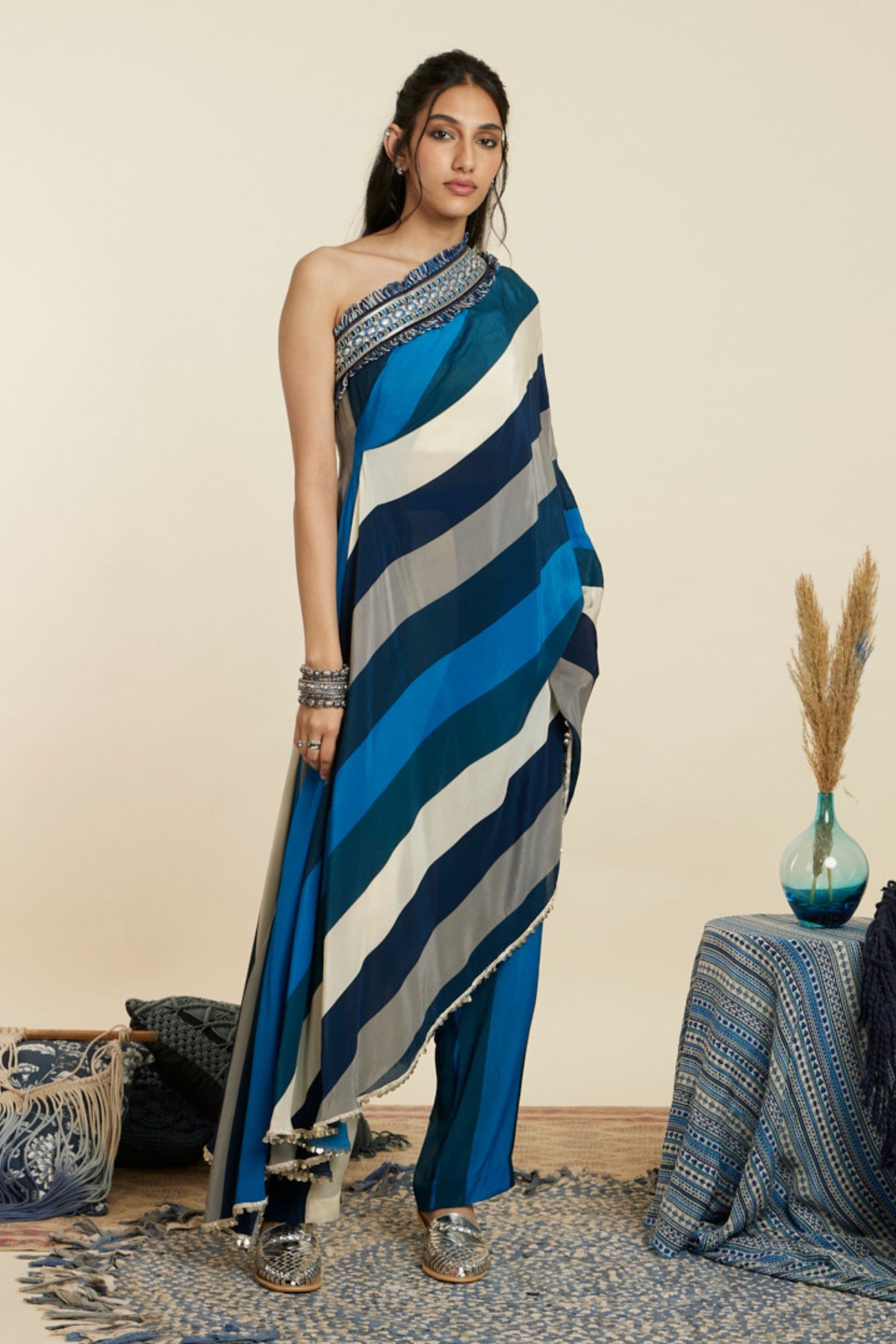 Blue Stripe One Shoulder Kaftan Set