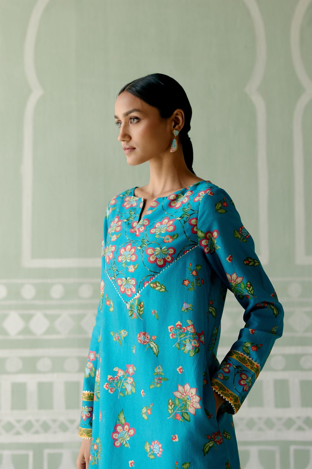 Turquoise &amp; Mustard Floral Kurta Set