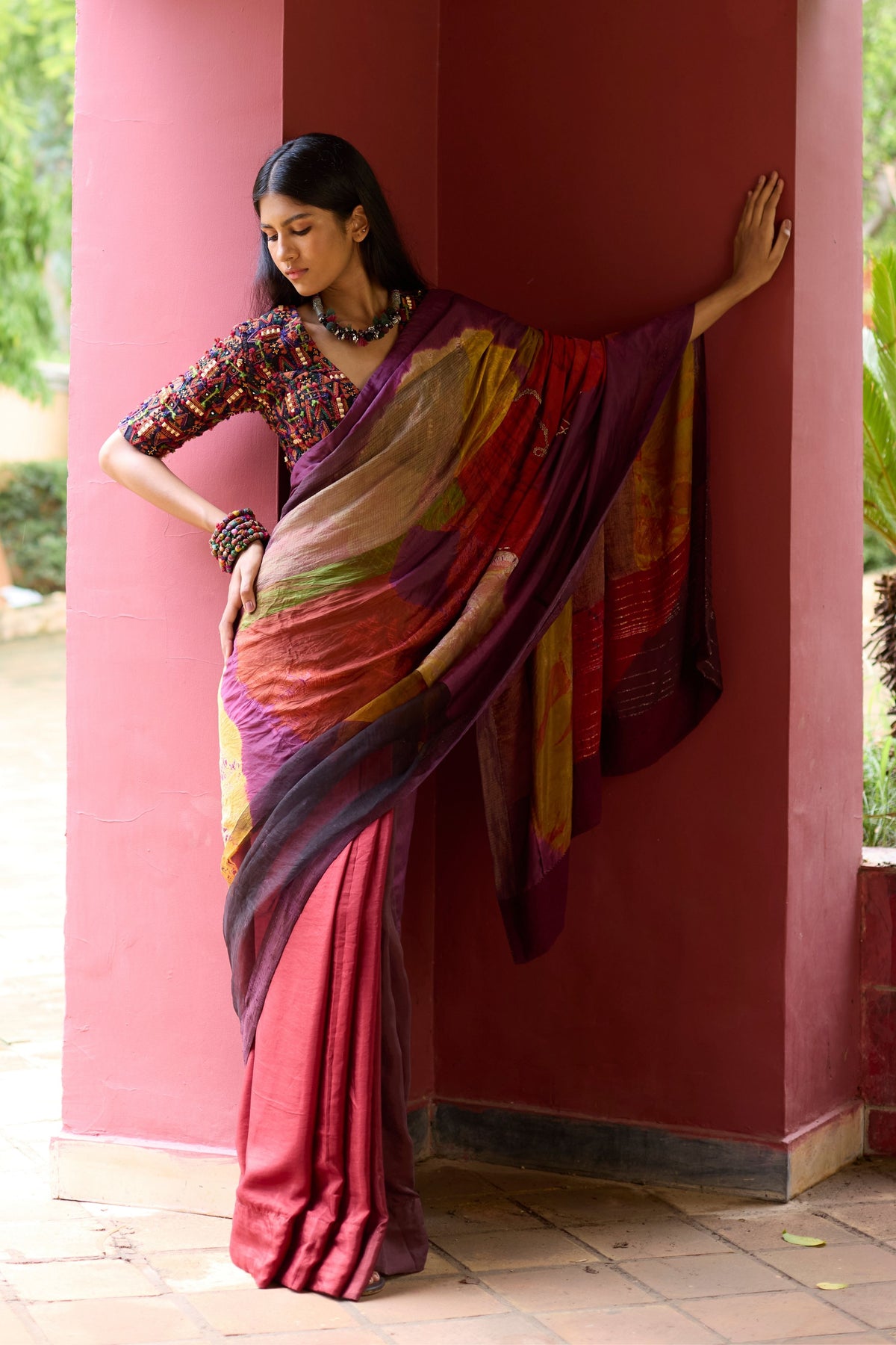 Multicolor Overdyed Sari Set