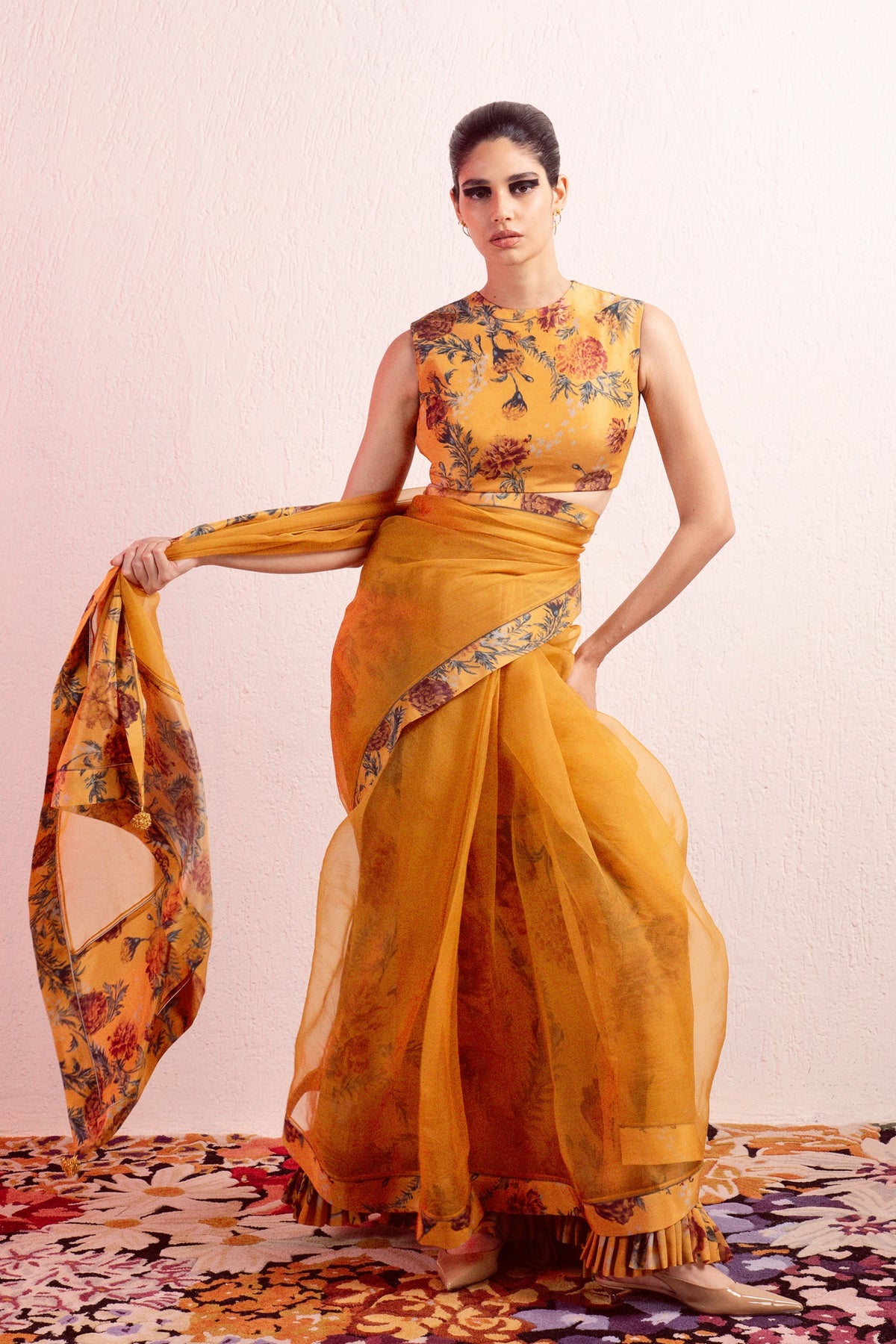 Sepia Yellow Printed Saree
