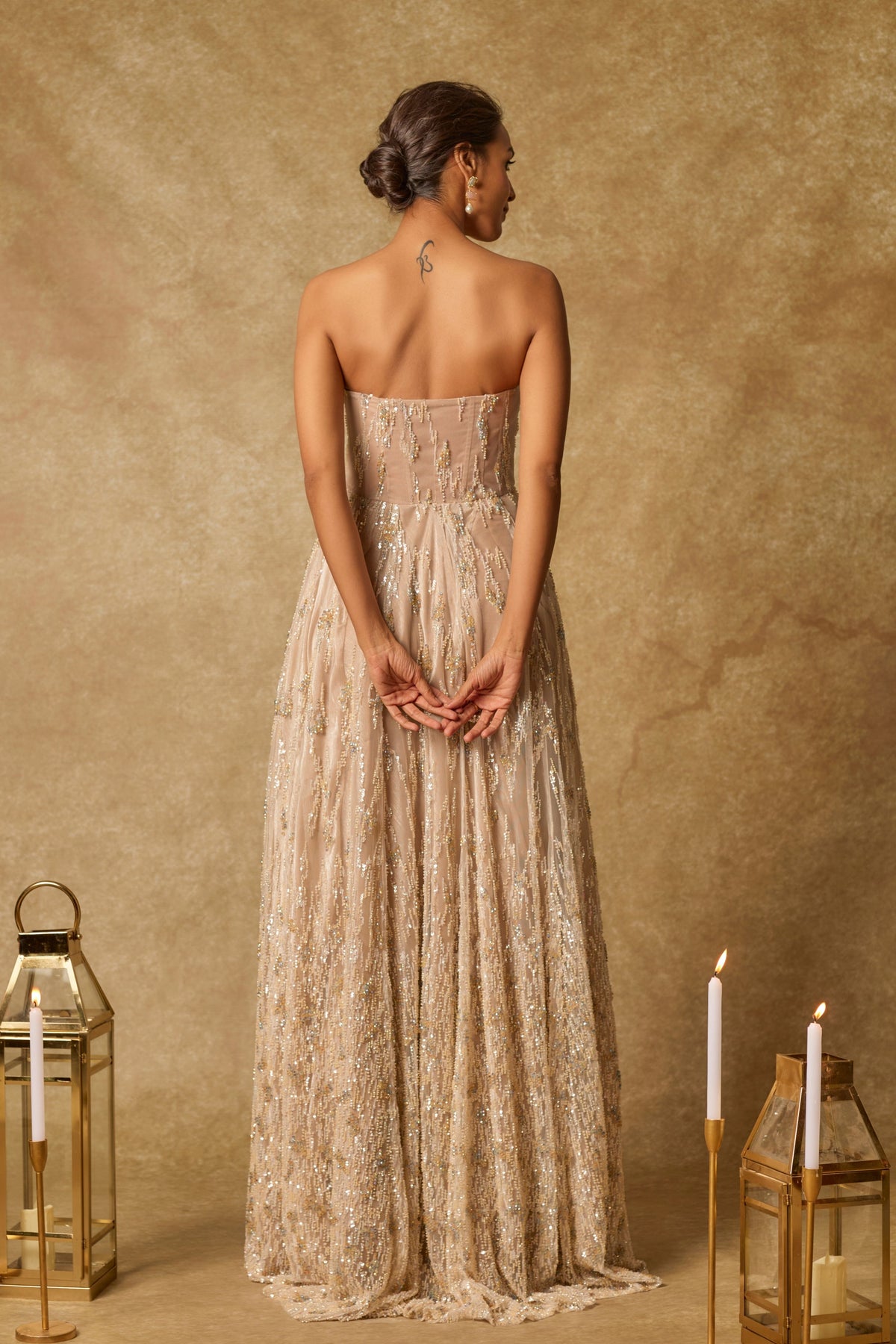 Nude Embroidered Drape Gown