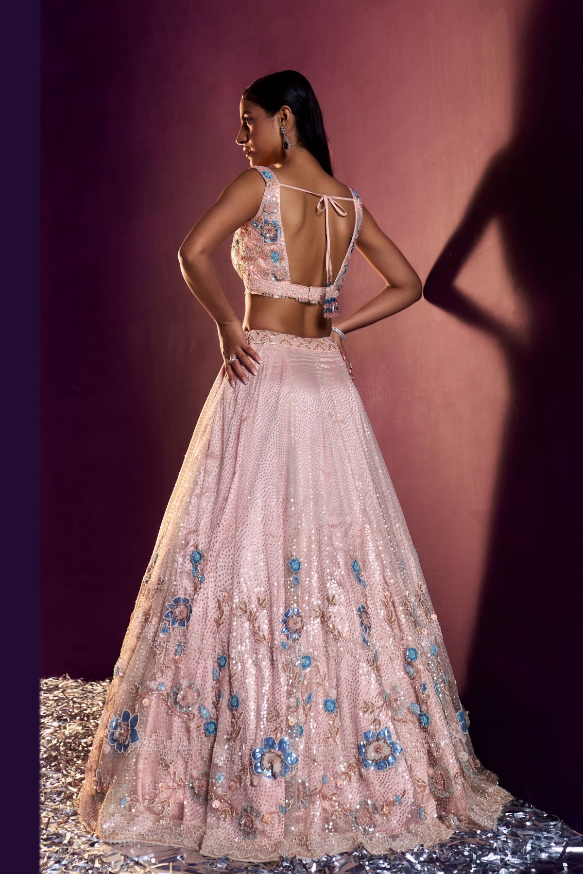 Peach Net Floral Lehenga Set