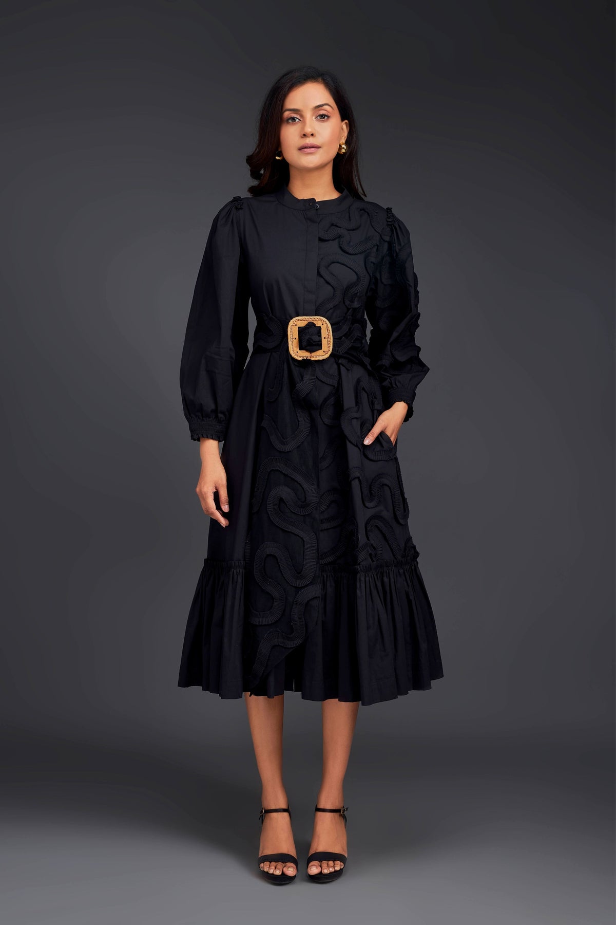 Black Pleated Dress With Frills