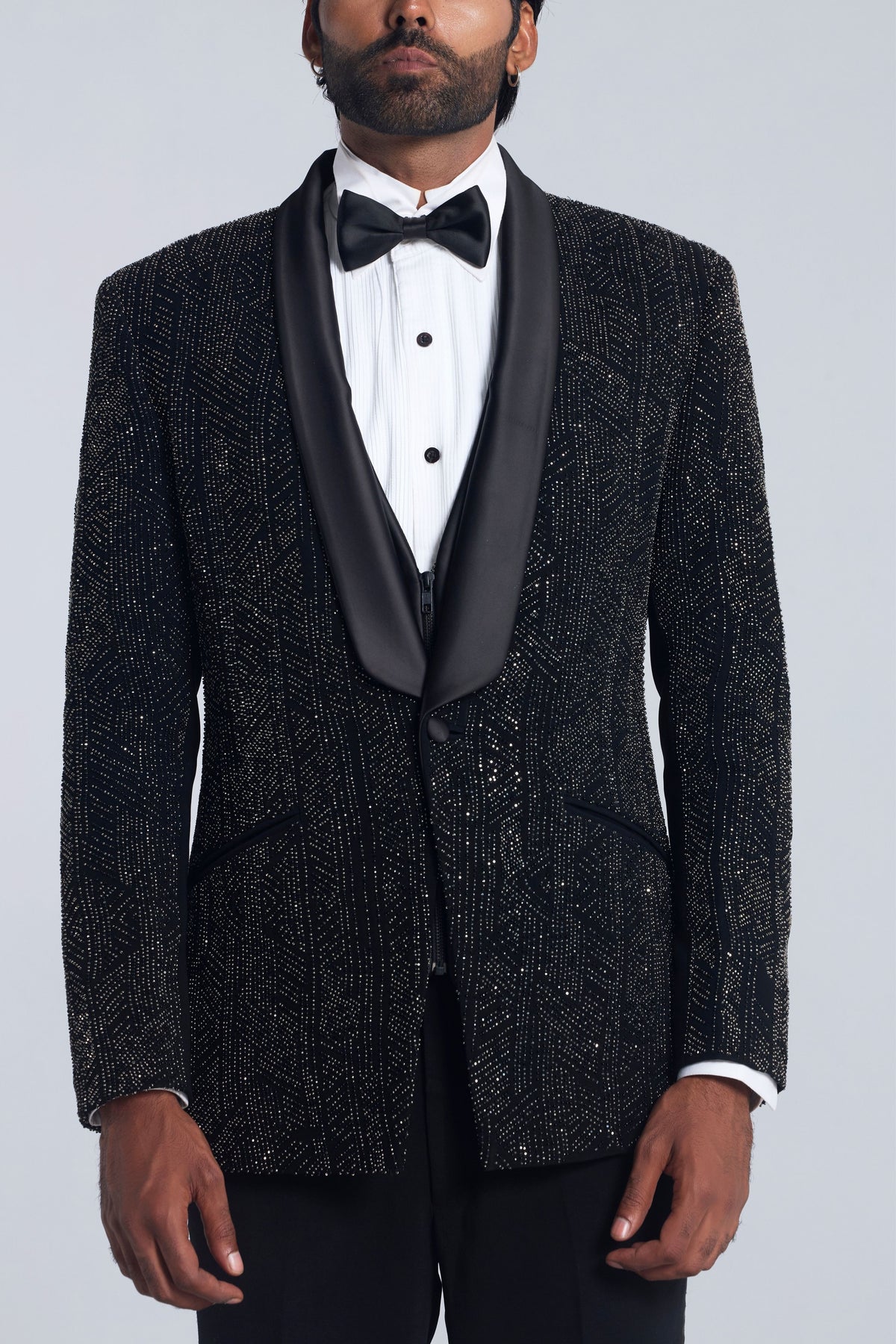 Black Sandwash Pearl Embroidered Tuxedo Set