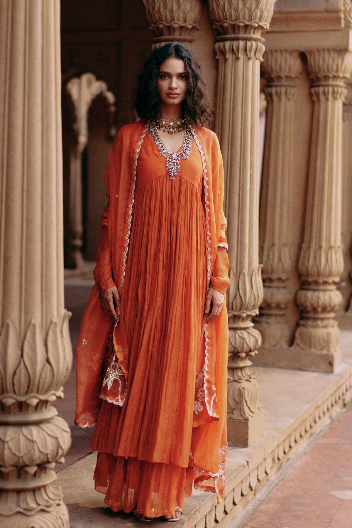 Embroidered Orange Anarkali Set