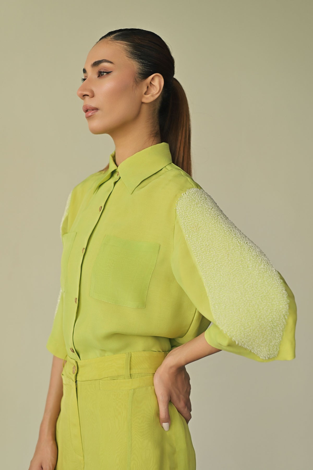 Monet Green Crystal Organza Shirt