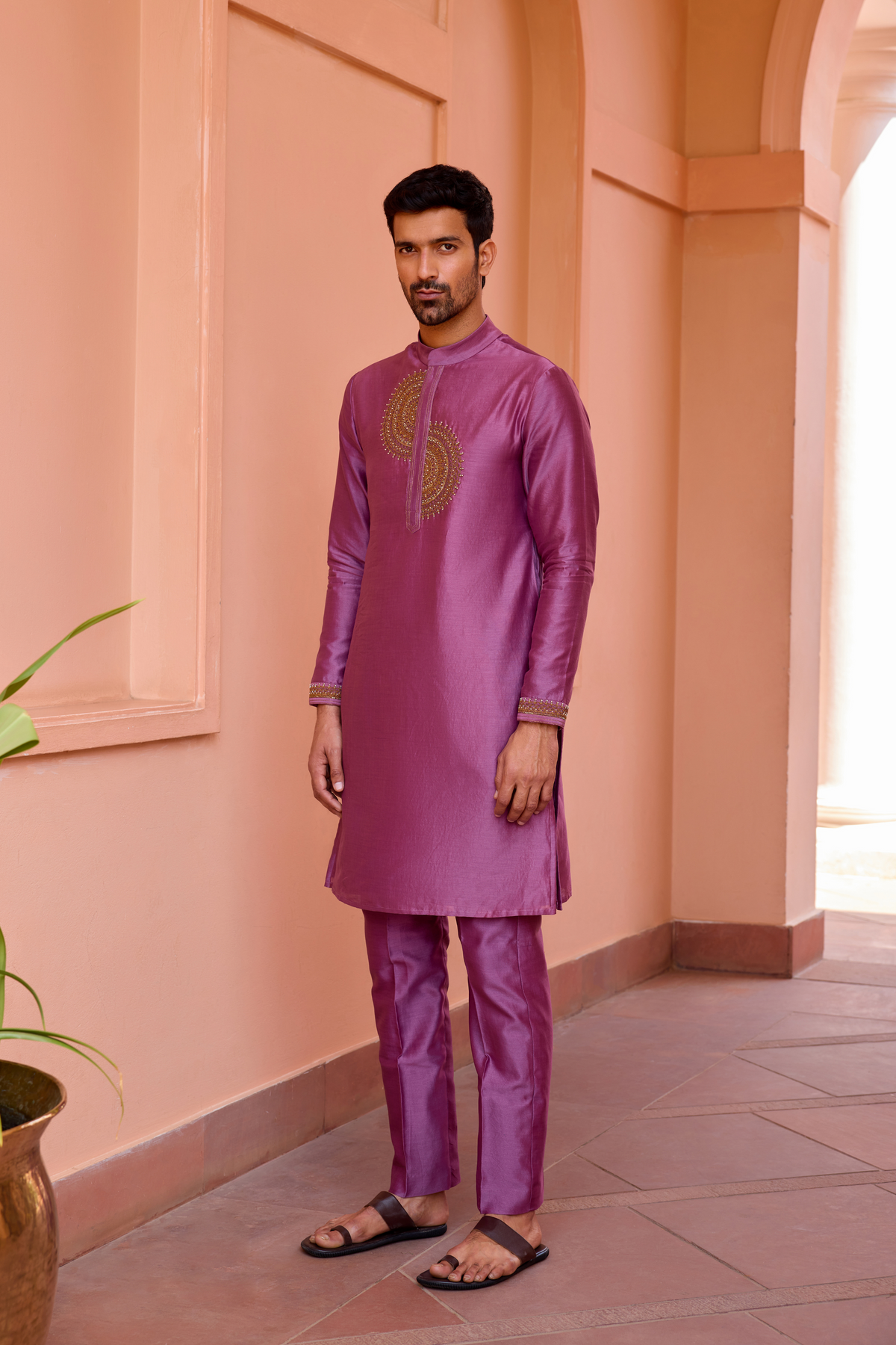 Plum earthy pink  dori and hand embroidered silk kurta