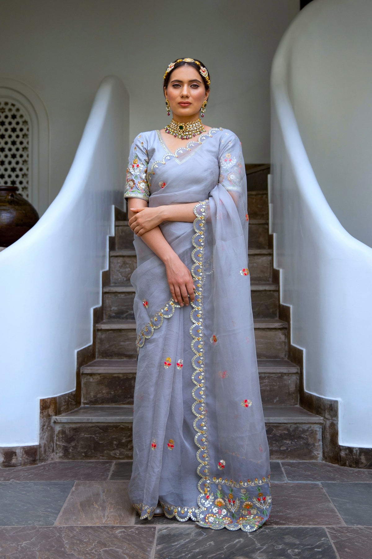 Grey Hand embroidered Saree Set