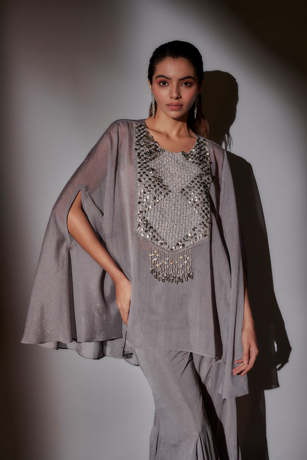 Grey Embroidery Cape Set