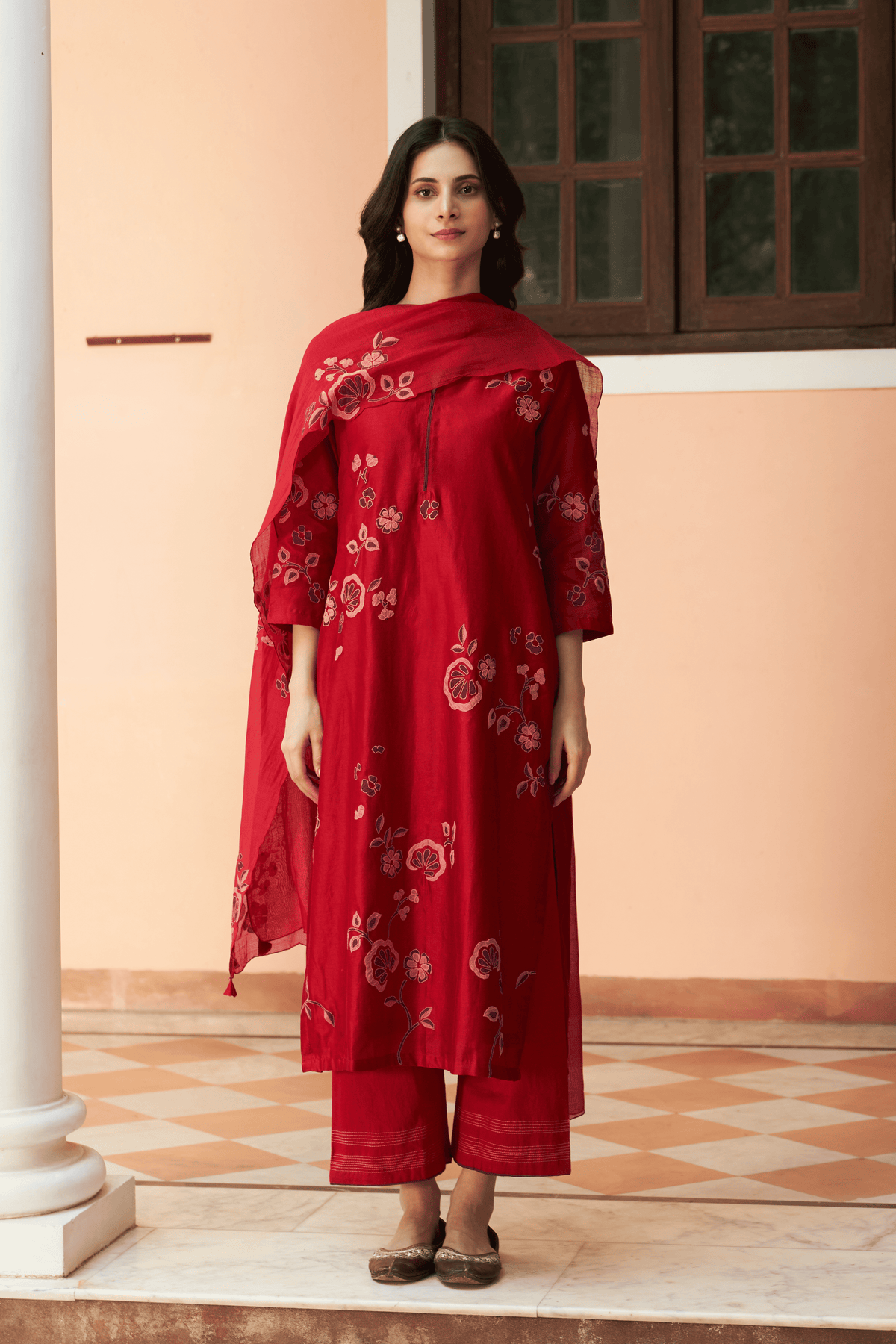 Crimson Floral Applique Kurta Set