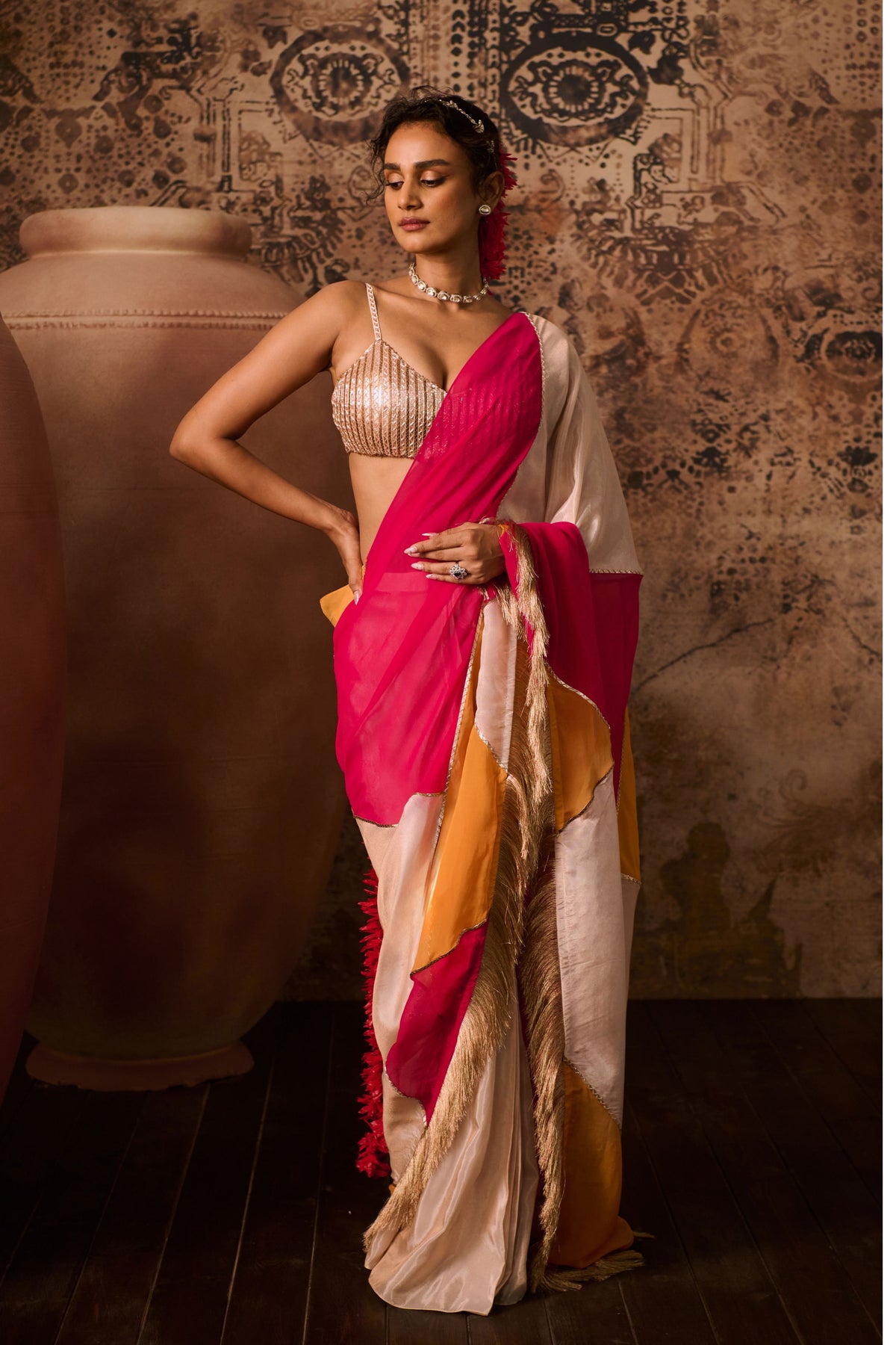 Rose Gold Embroidered  Multicoloured Saree