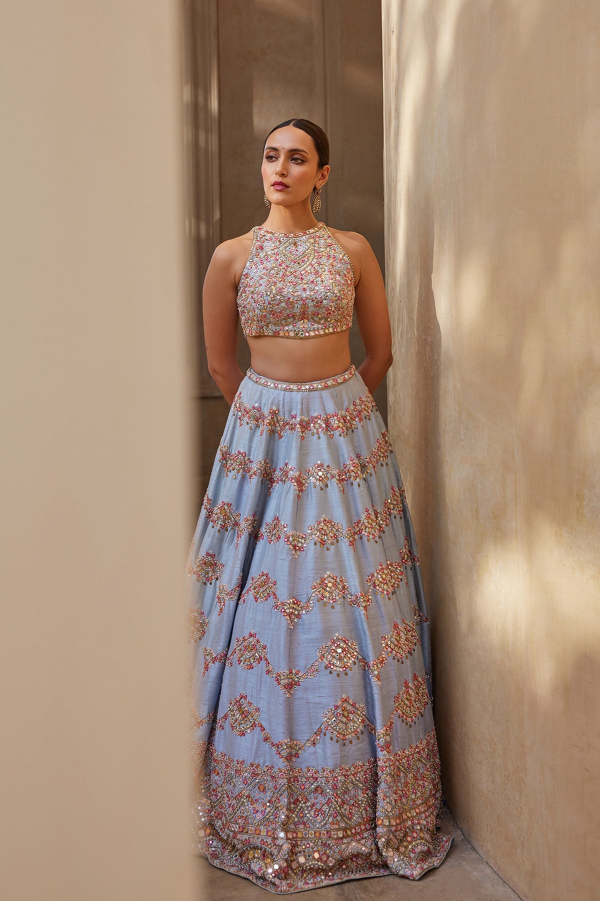 English Blue Mirror Lehenga