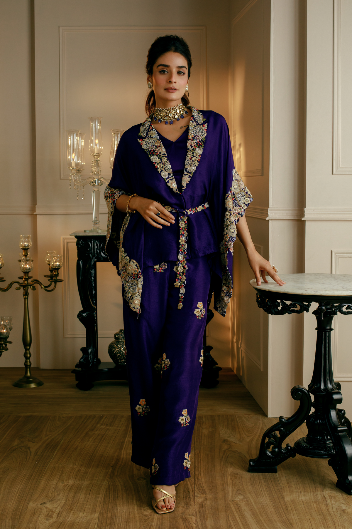 Purple Embroidered Cape Set