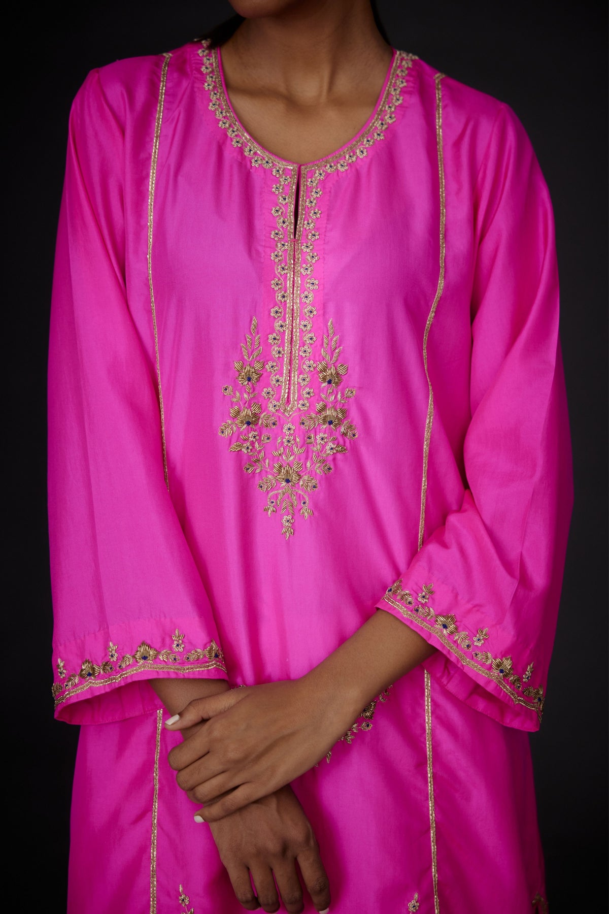 Embroidered Tunic Set in Hot Pink and Ivory