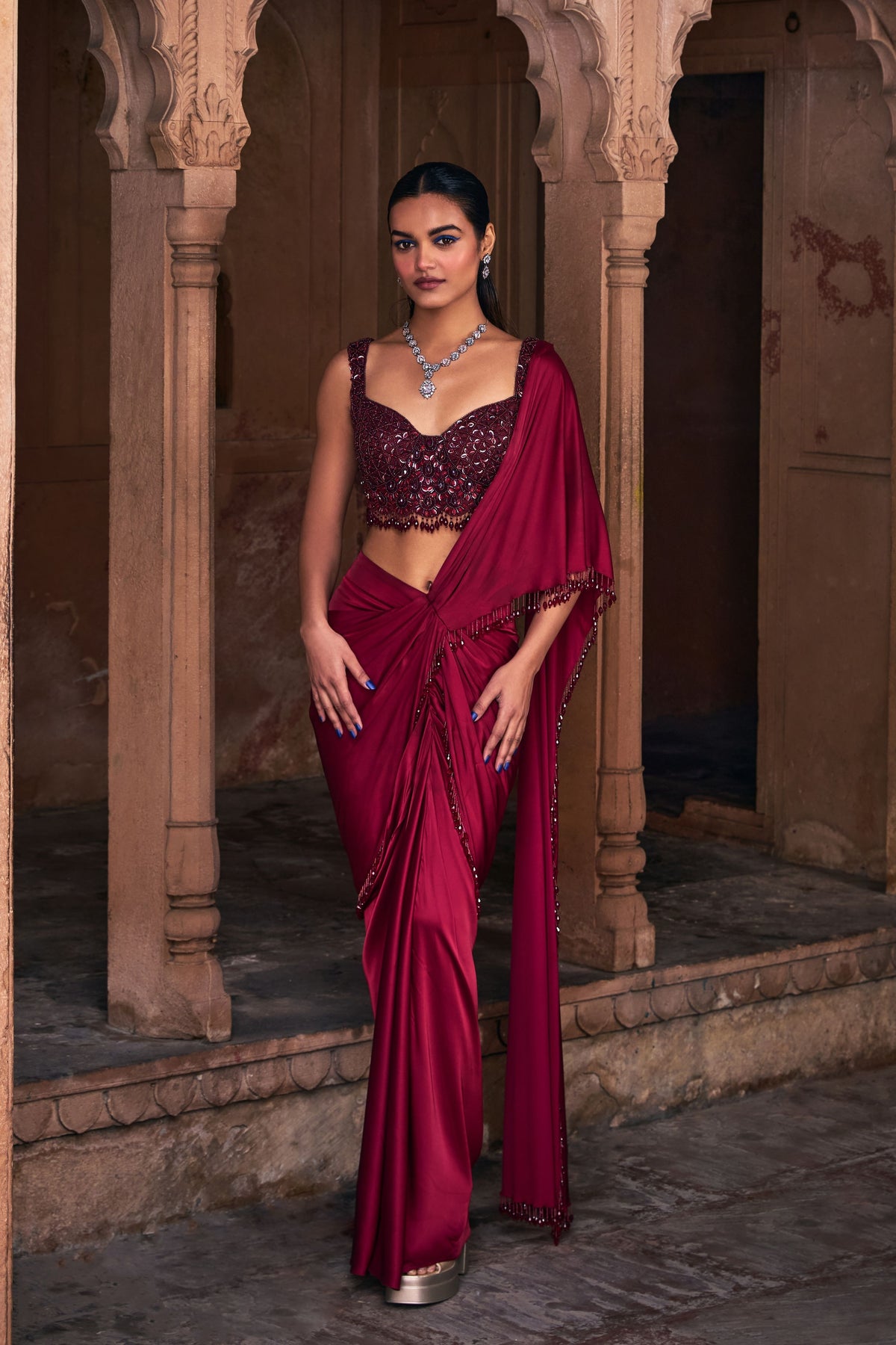 Maroon  Embroidered Saree Set