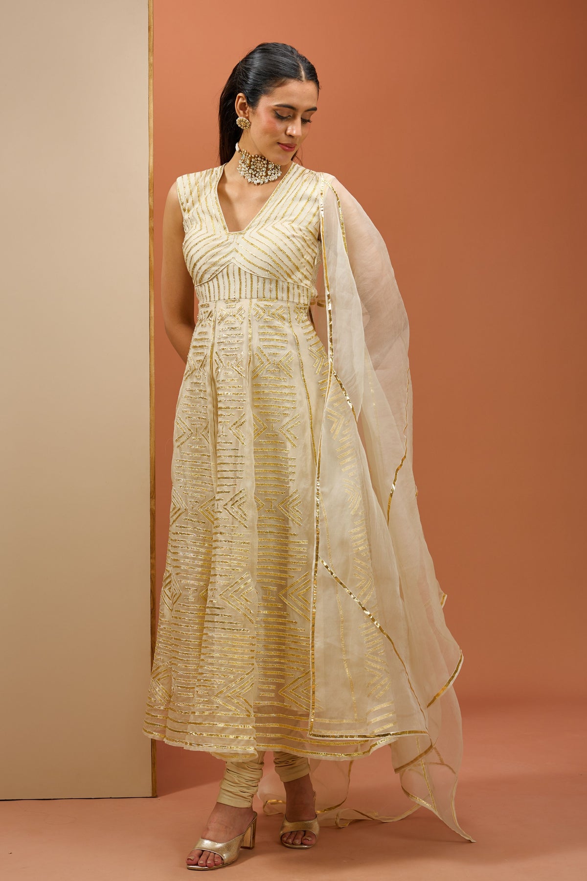 Off White Golden Lasses Anarkali set