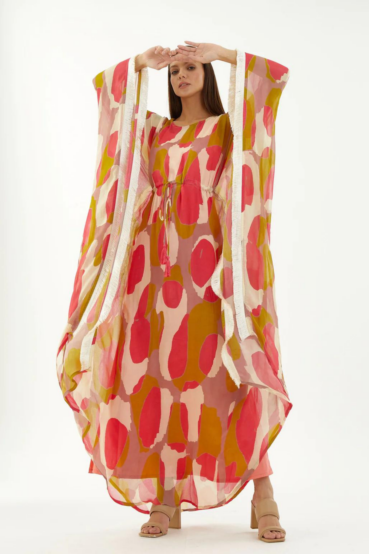 Mustard, Pink And Offwhite Abstract Kaftan