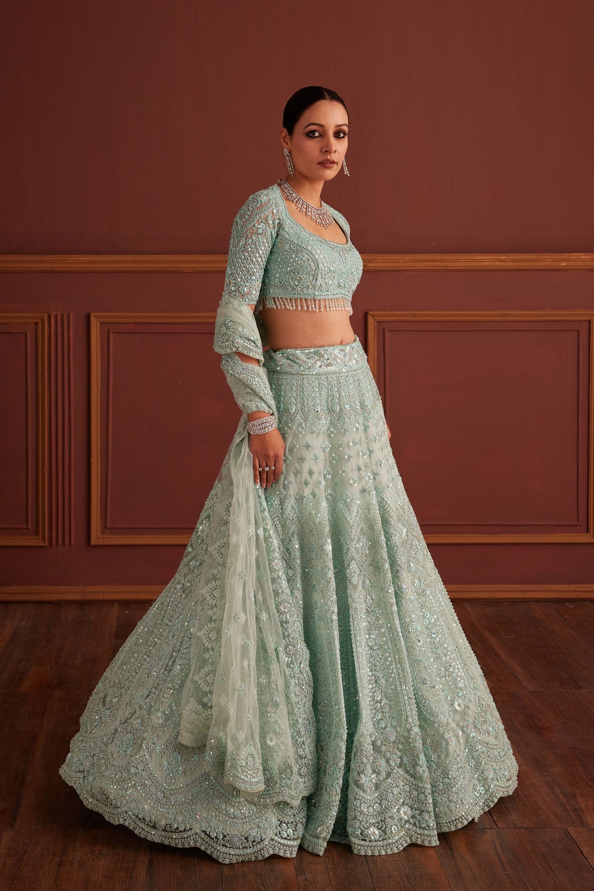 Blue Cutdana &amp; Bead Embellished Lehenga