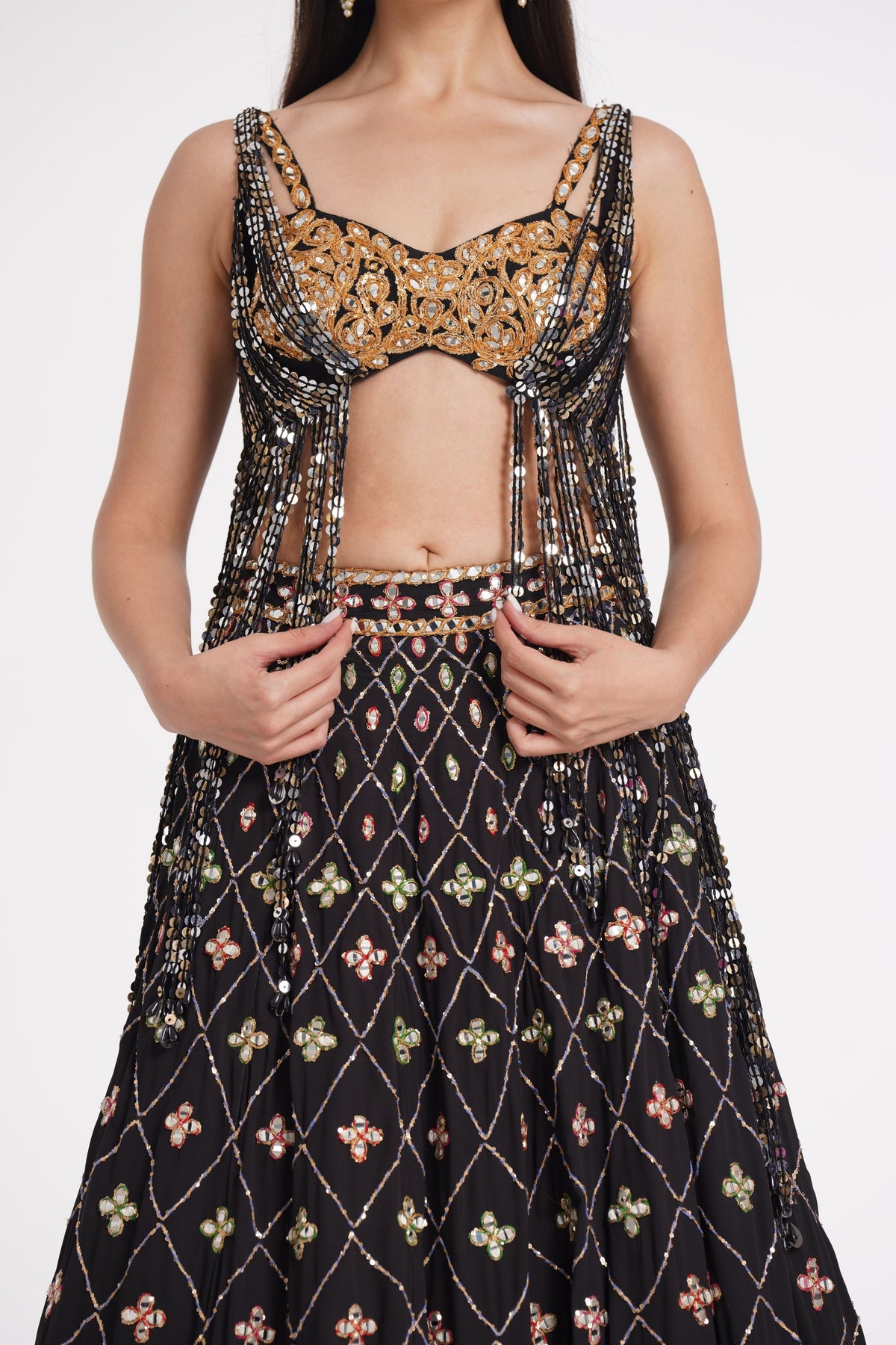 Matte Black Fringes Lehenga Set