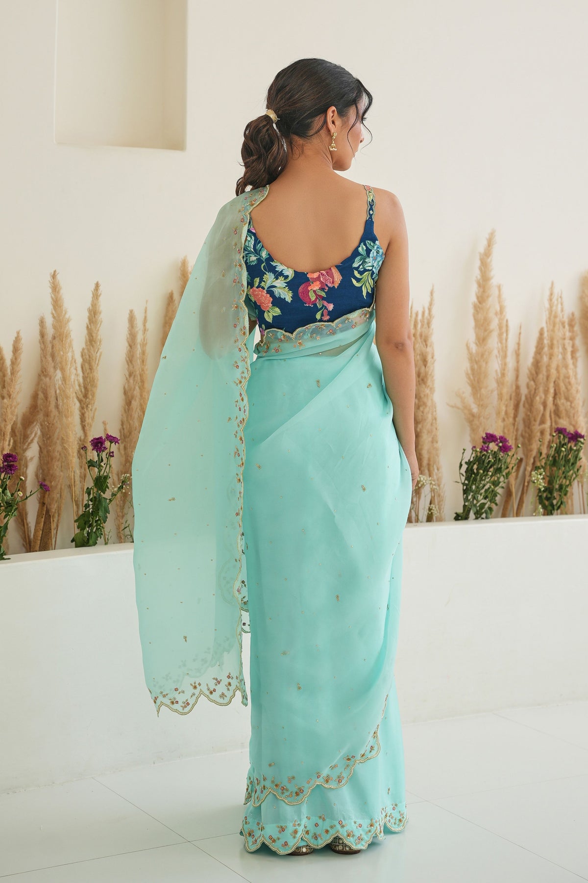 Nargis Saree Pebble Blue Fiza Blouse in Aqua Blue